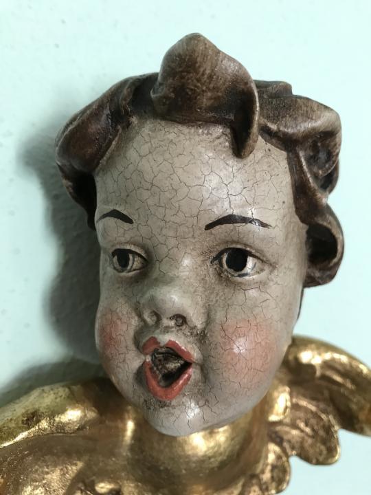 Engelskopf Holzengel golden Kunstobjekt Holzgeschnitzt W2210