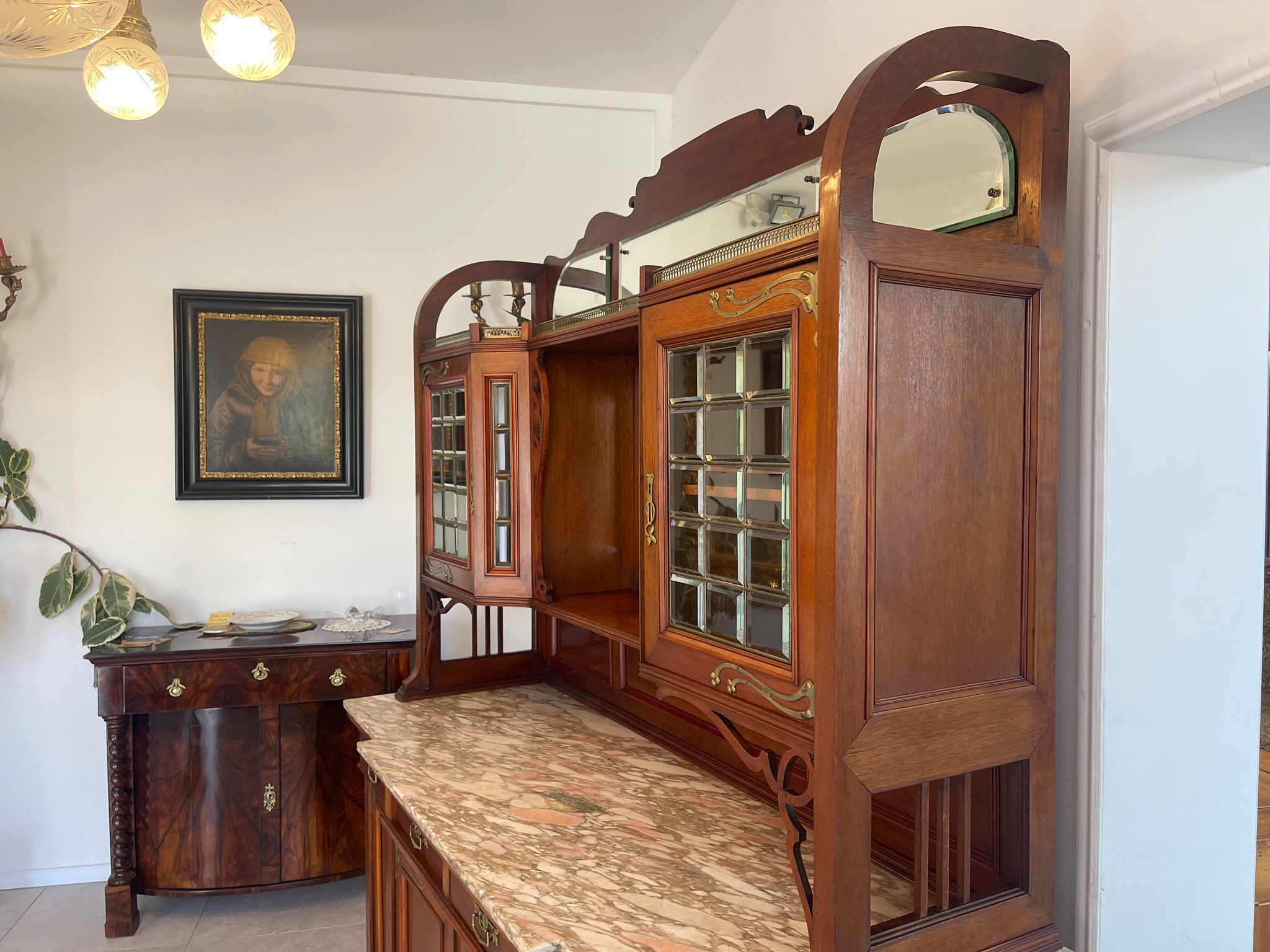 7faf5a8a-820d-4fd8-a8d1-6073c2917f20 Originales Jugendstil Aufsatzbuffet Bücherschrank Vitrinenschrank A4909