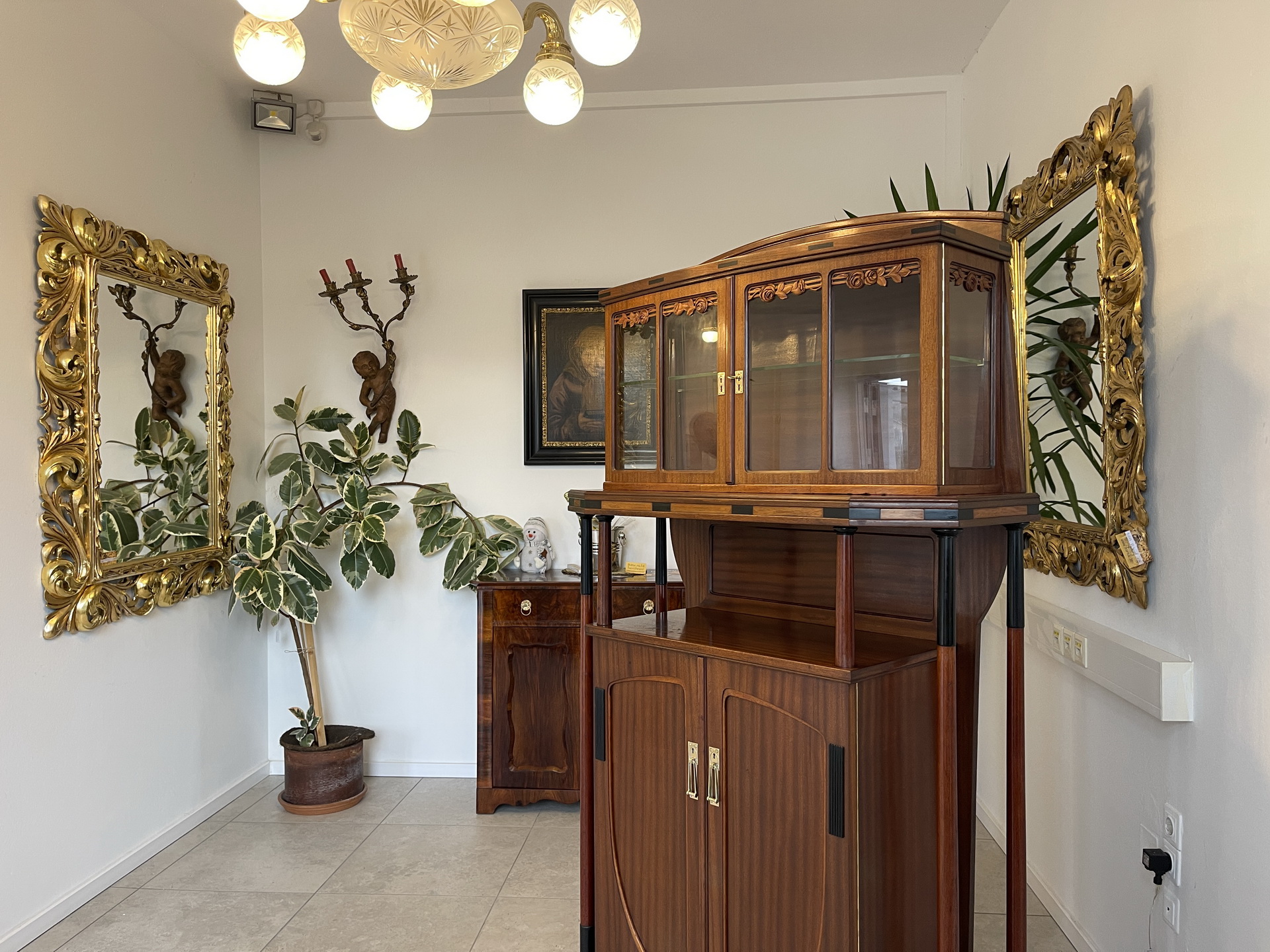 Jugendstil-56 Jugendstil Vitrine / Bücherschrank Antik aus Eichenholz - B2068