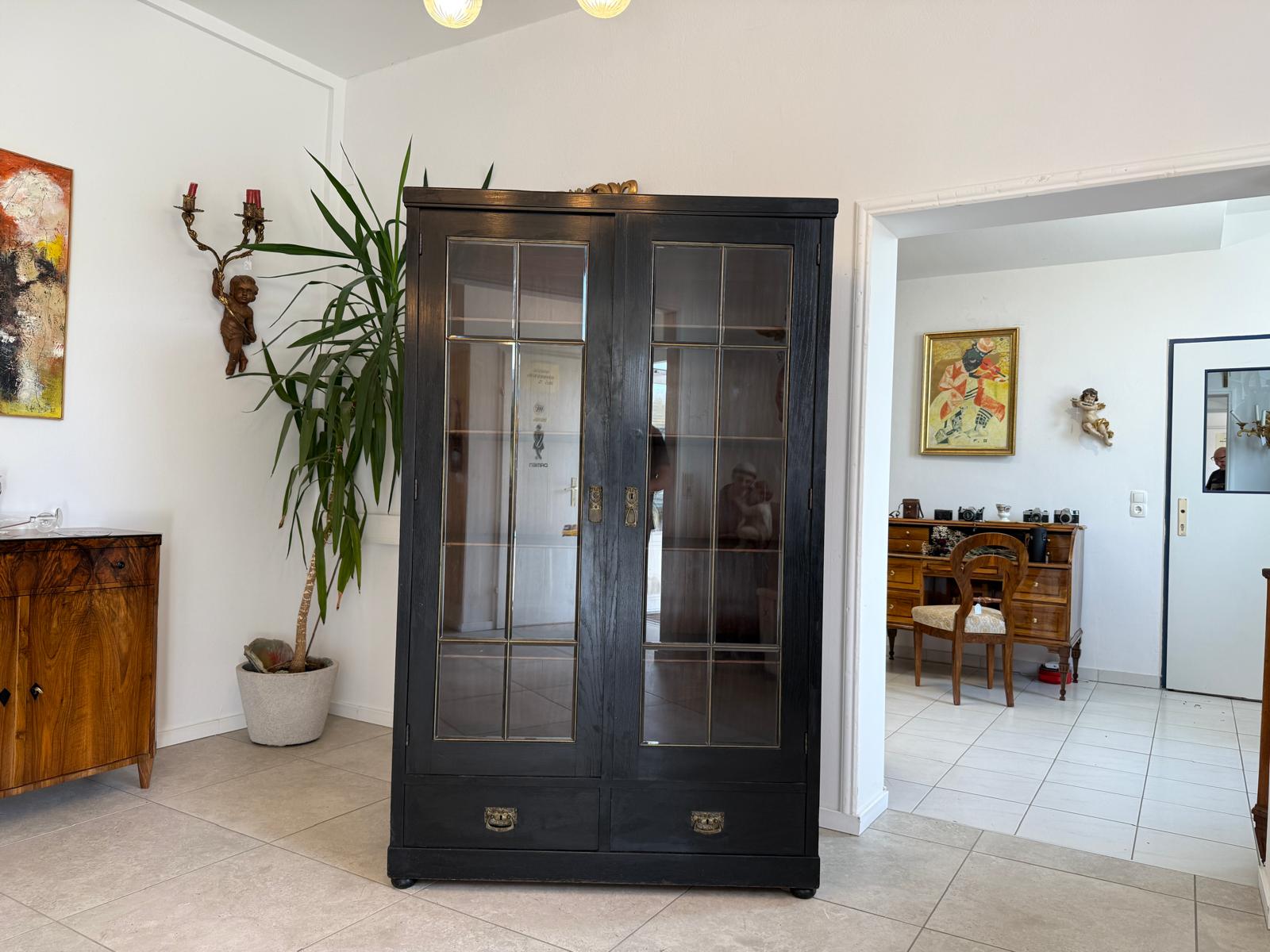 Original Jugendstil Vitrine Bücherschrank Vitrinenschrank Schwarz Antik G2059
