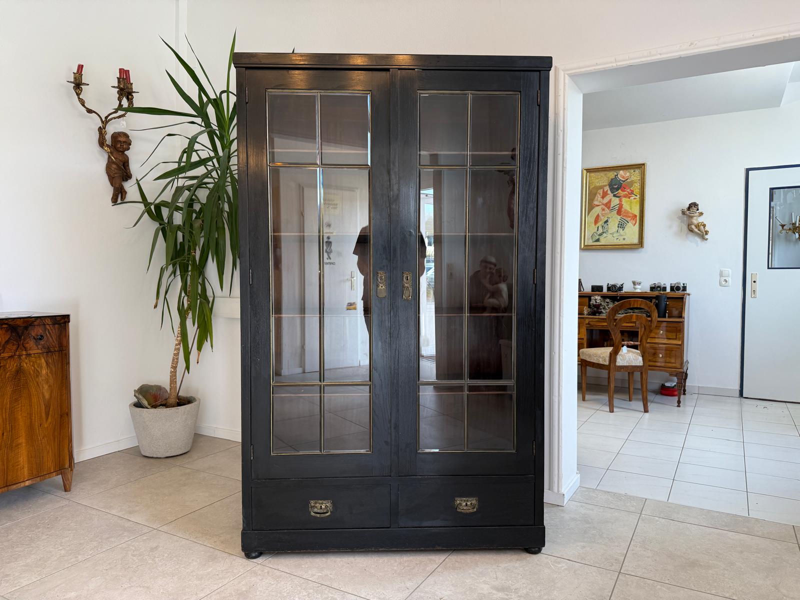 Original Jugendstil Vitrine Bücherschrank Vitrinenschrank Schwarz Antik G2059