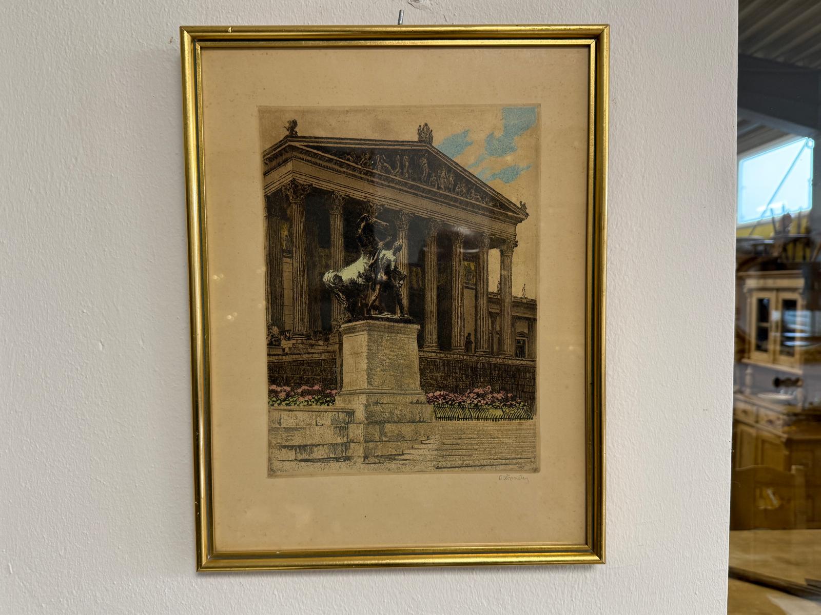 Architektonische Farblithografie mit klassizistischem Motiv Tempelbau D1121