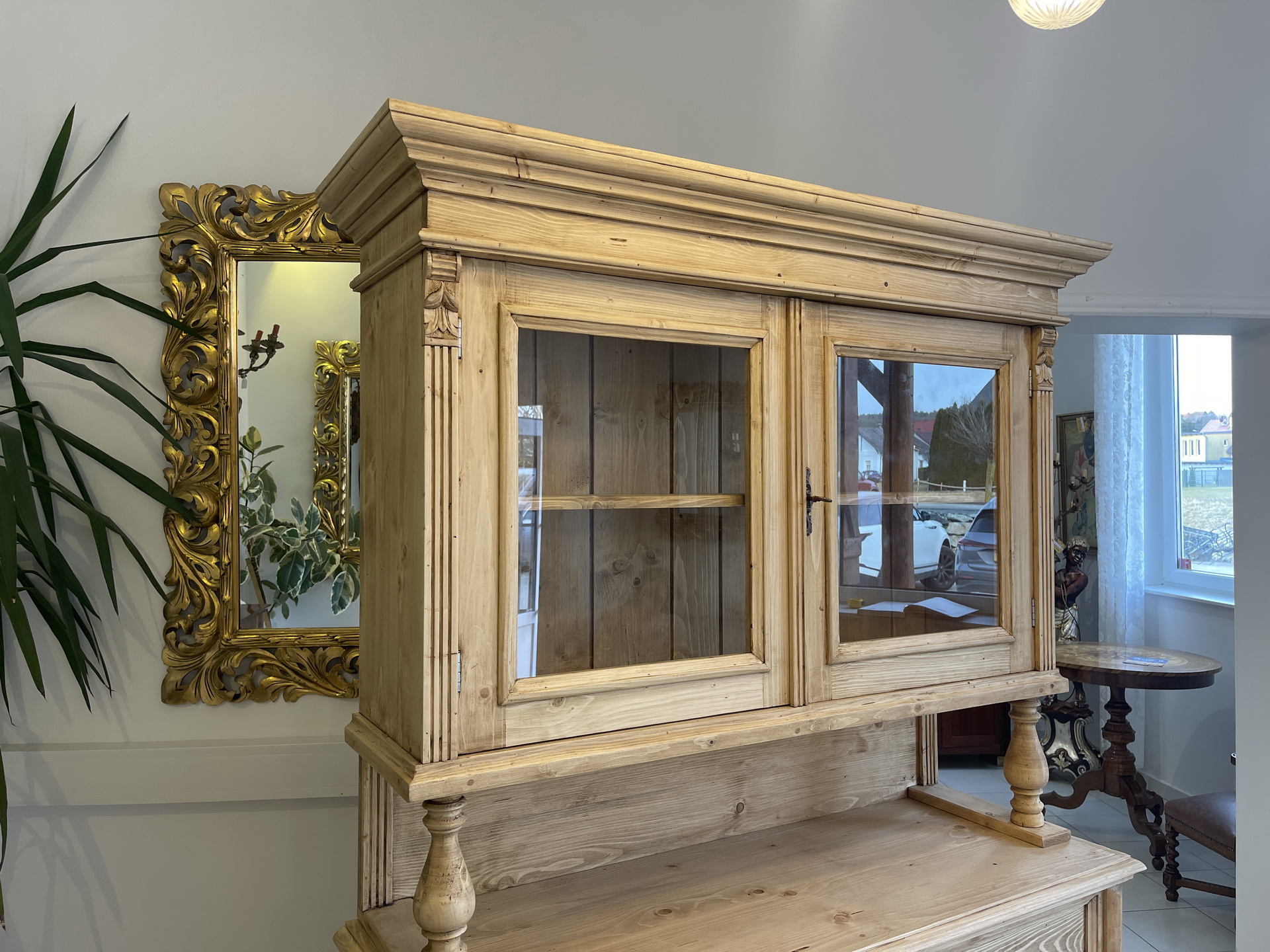 Biedermeier-Barock-07gOU4XYgKDgLxr Gründerzeit Küchenkredenz Antike Vitrinenschrank aus massivem Fichtenholz A4077