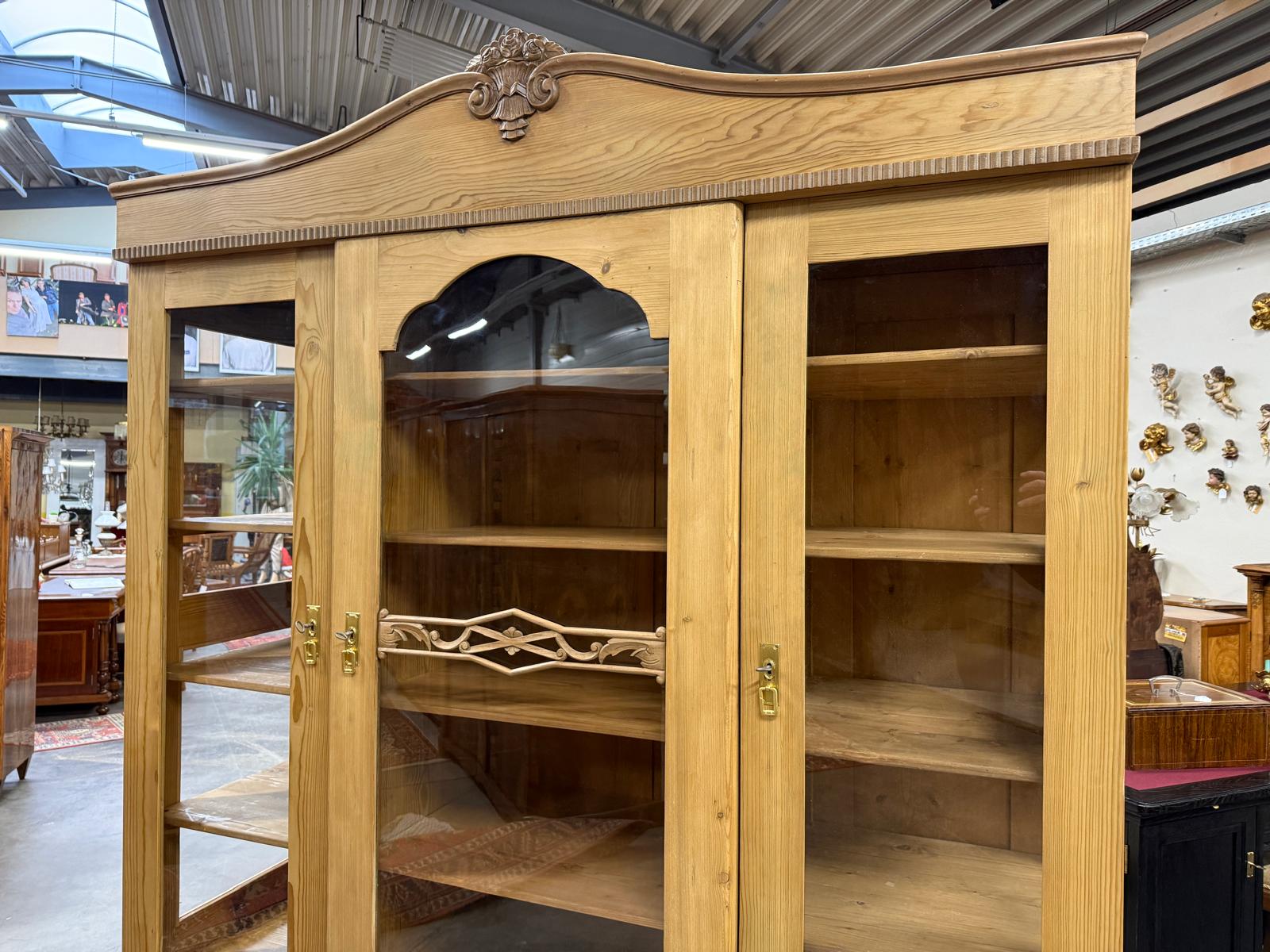 Antiker Bäuerlicher Bücherschrank Große Bibliotheksvitrine Glasschrank G2265