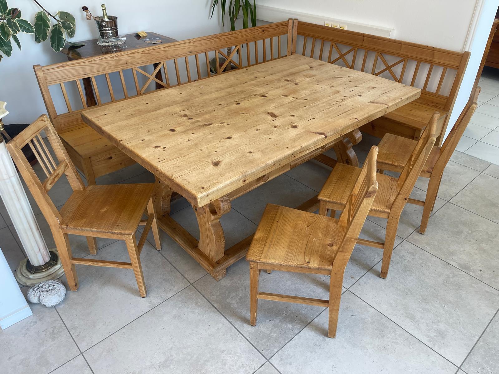 Bäuerliche Bauernsitzgruppe Ensemble Jogltisch Bauernstube Sessel Naturholz Antik G1701-1