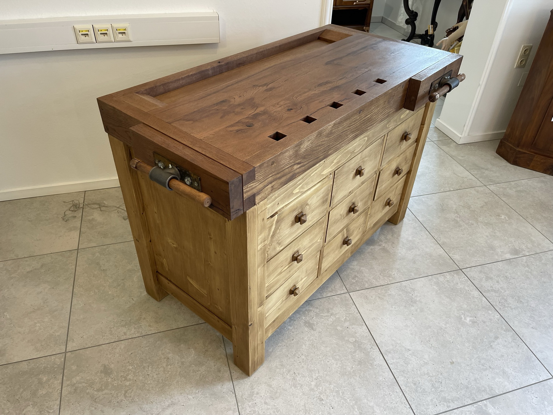 Barock-Empire-Biedermeier_37 schmale Hobelbank,Werkbank Ladentisch i1965