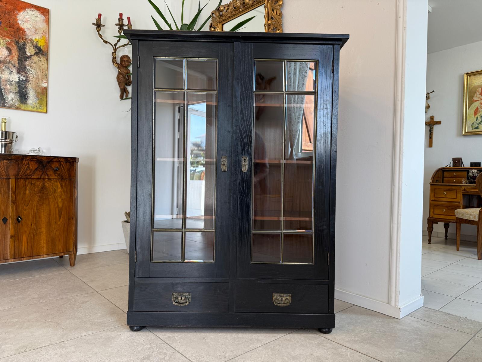 Original Jugendstil Vitrine Bücherschrank Vitrinenschrank Schwarz Antik G2060