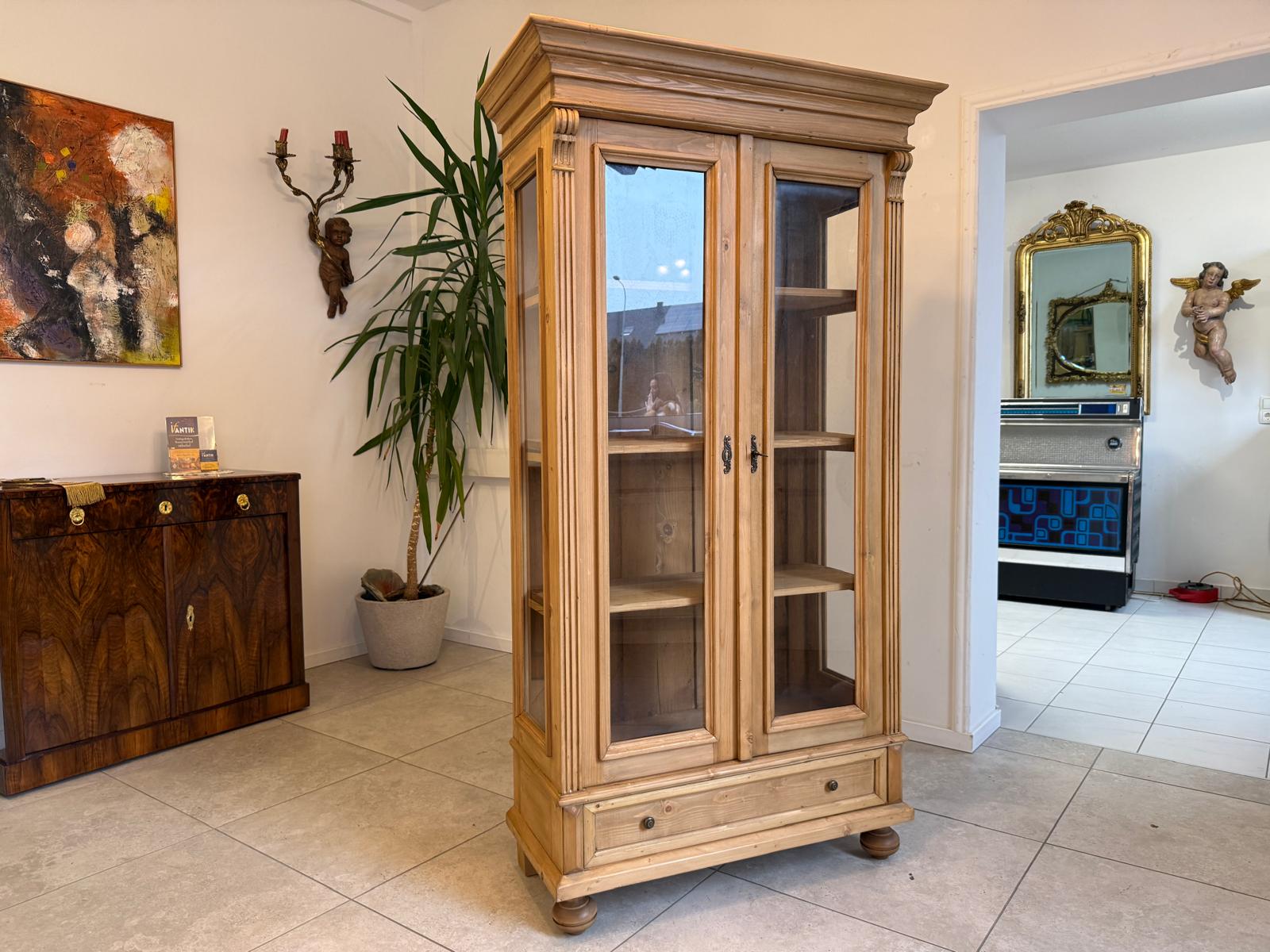 Antike Bauernvitrine Vitrine Naturholz Bücherschrank Alte Bauernmöbel D1125