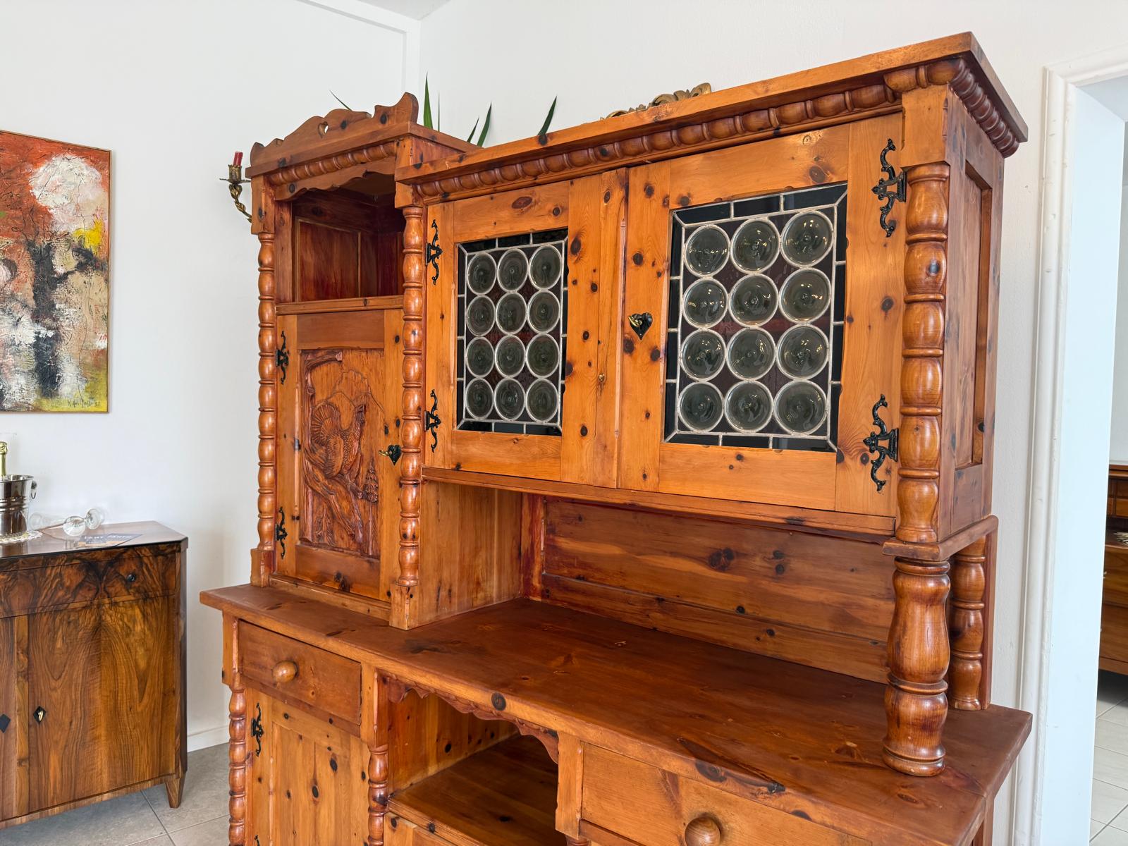 Historismus Kredenz Aufsatzschrank Buffet Tiffany Verglasung G1990