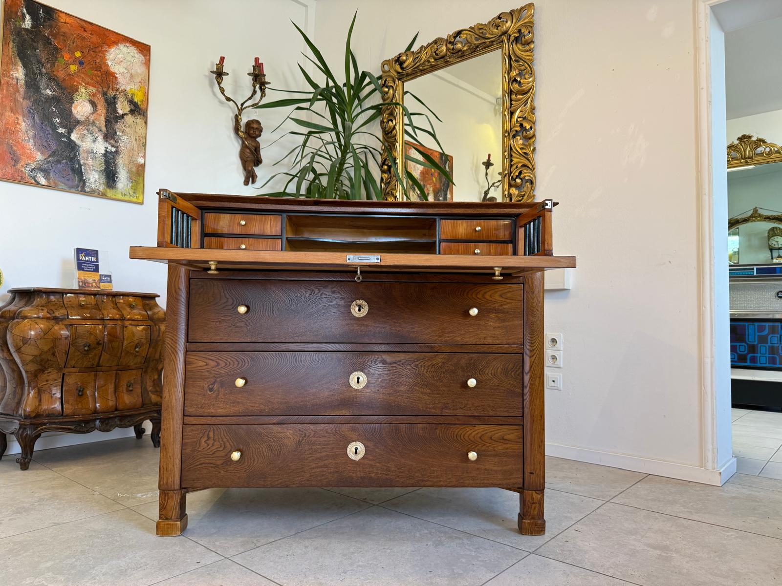 Biedermeier Schreibkommode Eichenholz Antiquität Antikmöbel Restauriert D1174