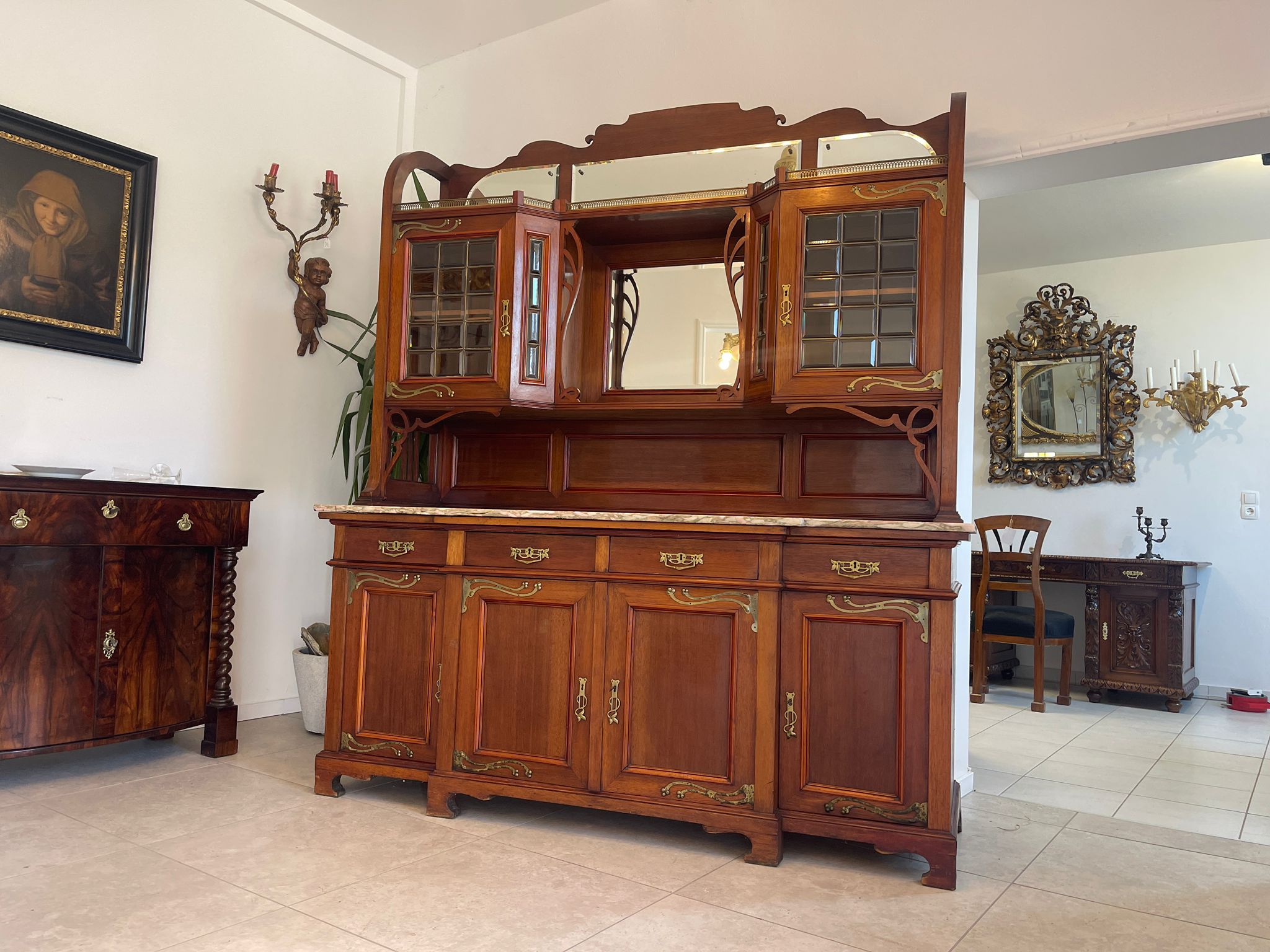 2bf55c73-1583-4bcf-8fba-9eb10efcbb3f Originales Jugendstil Aufsatzbuffet Bücherschrank Vitrinenschrank A4909