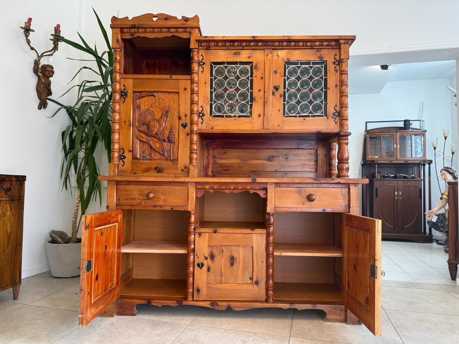 Historismus Kredenz Aufsatzschrank Buffet Tiffany Verglasung G1990