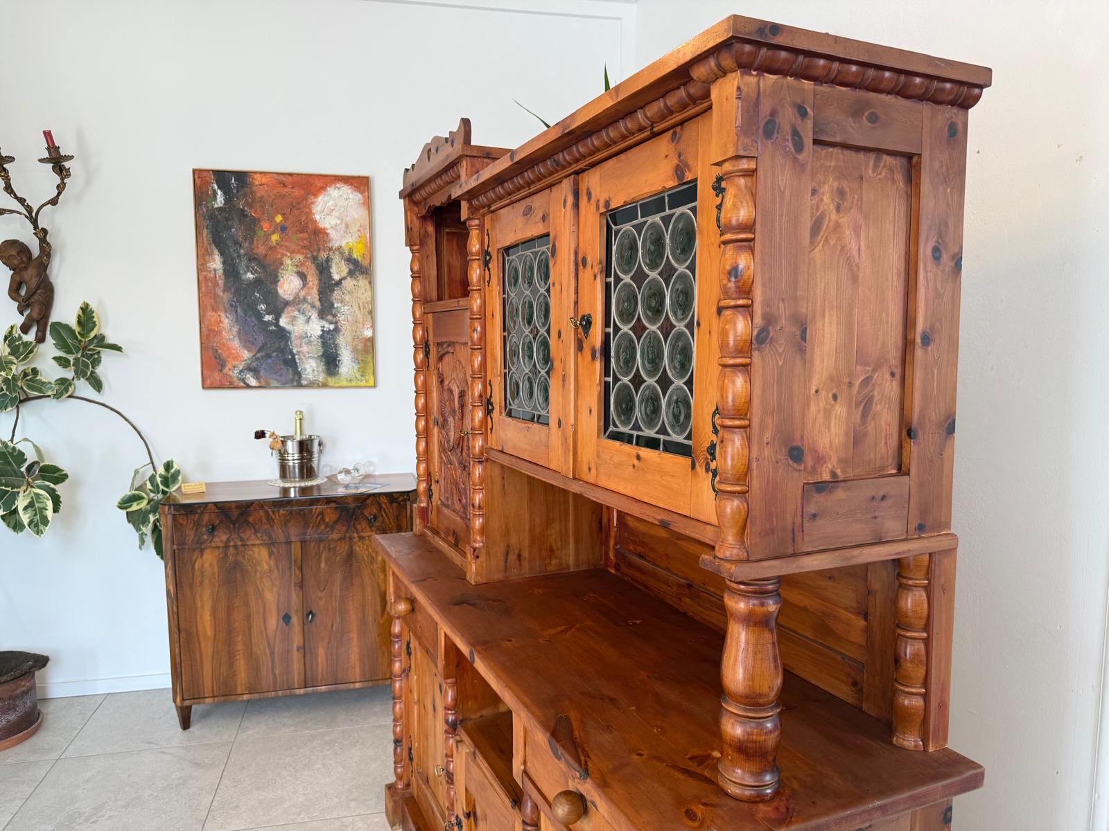 Historismus Kredenz Aufsatzschrank Buffet Tiffany Verglasung G1990