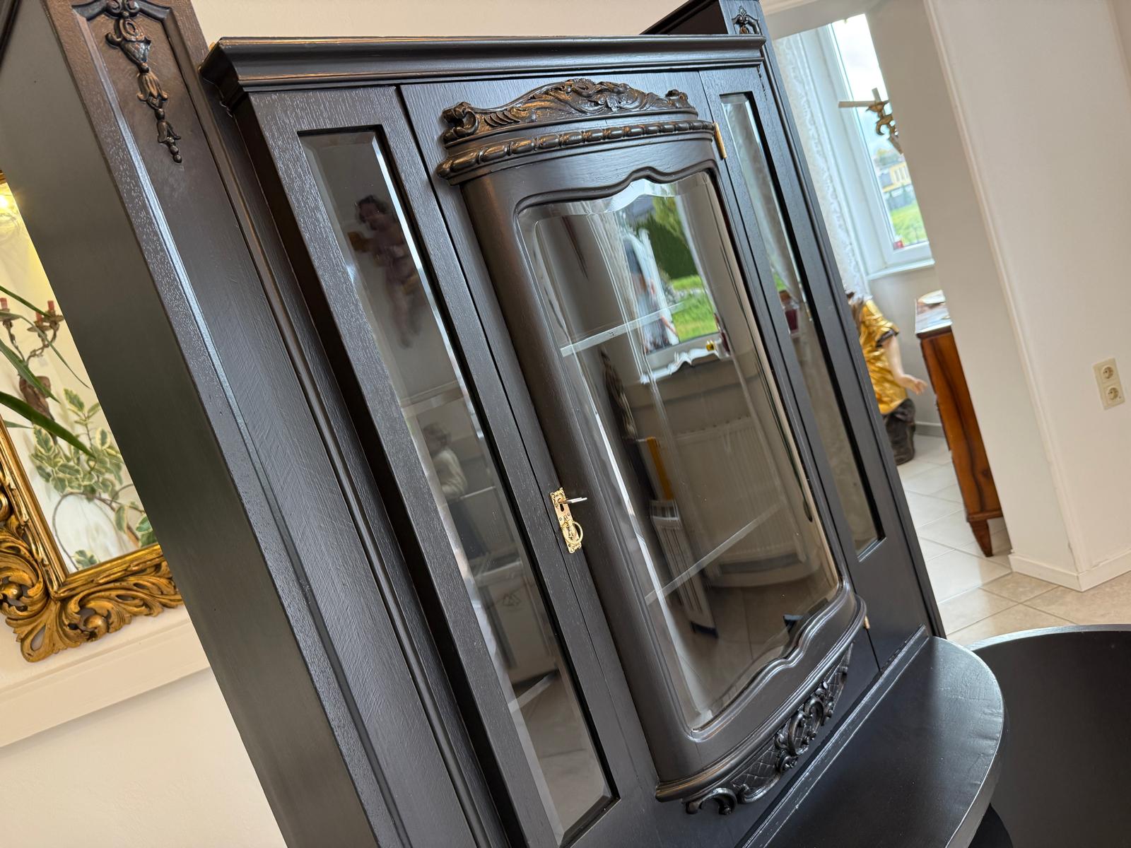 Restauriertes Jugendstil Aufsatzbuffet Bücherschrank Schwarz Antik G2172-1