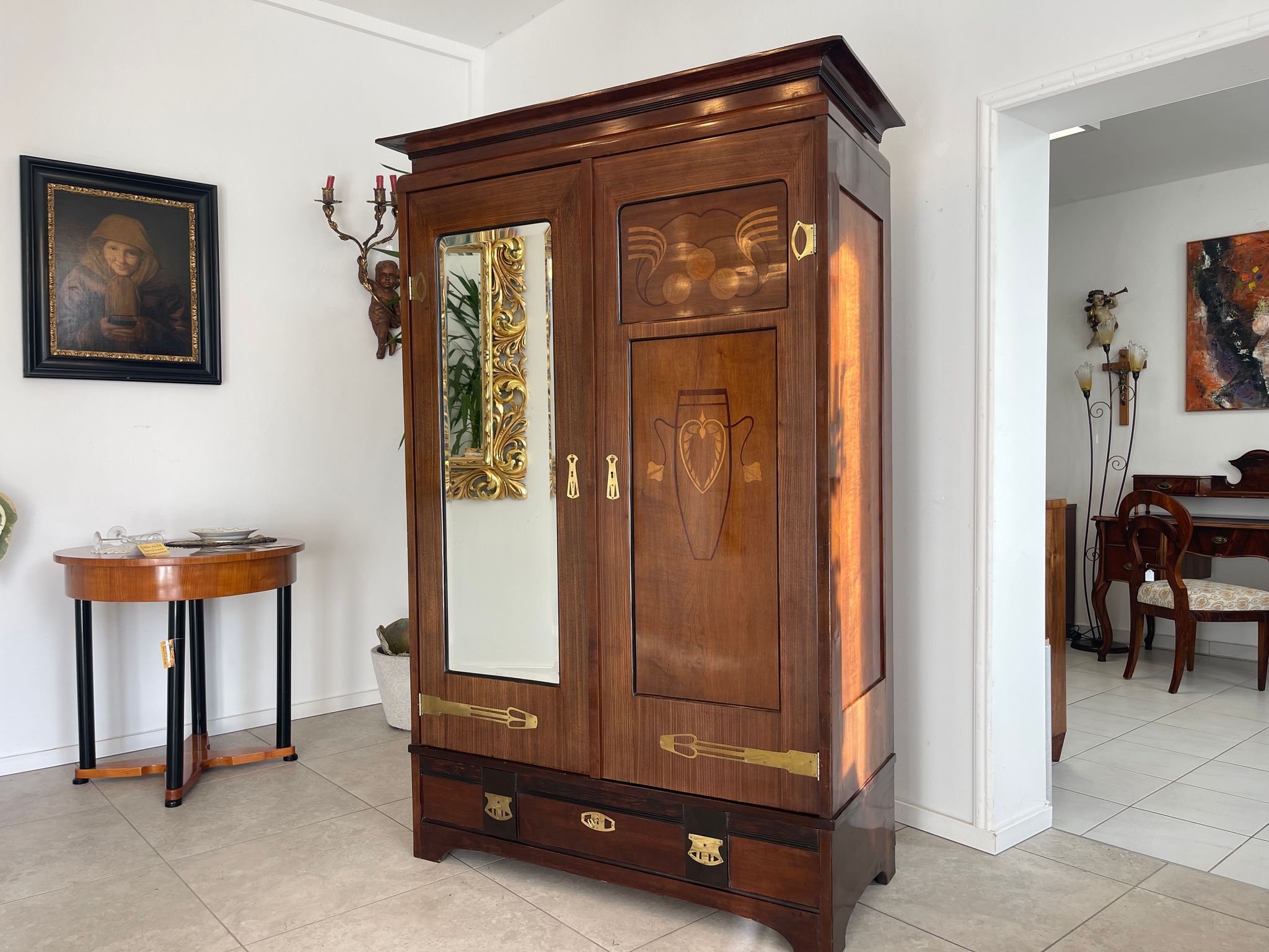 Traum Jugendstil Bücherschrank Spiegelschrank Marketiert Antiquität G1295