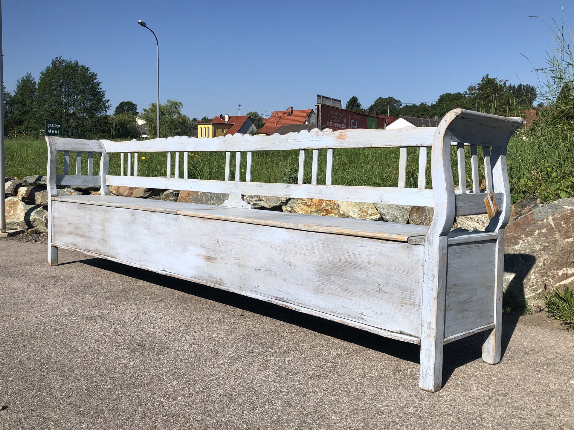 Bauernschrank-handbemalt-Bauernstube-jogltisch_18 provinzielle urige alte Truhenbank Küchenbank Bauernmöbel 312cm Heu1001