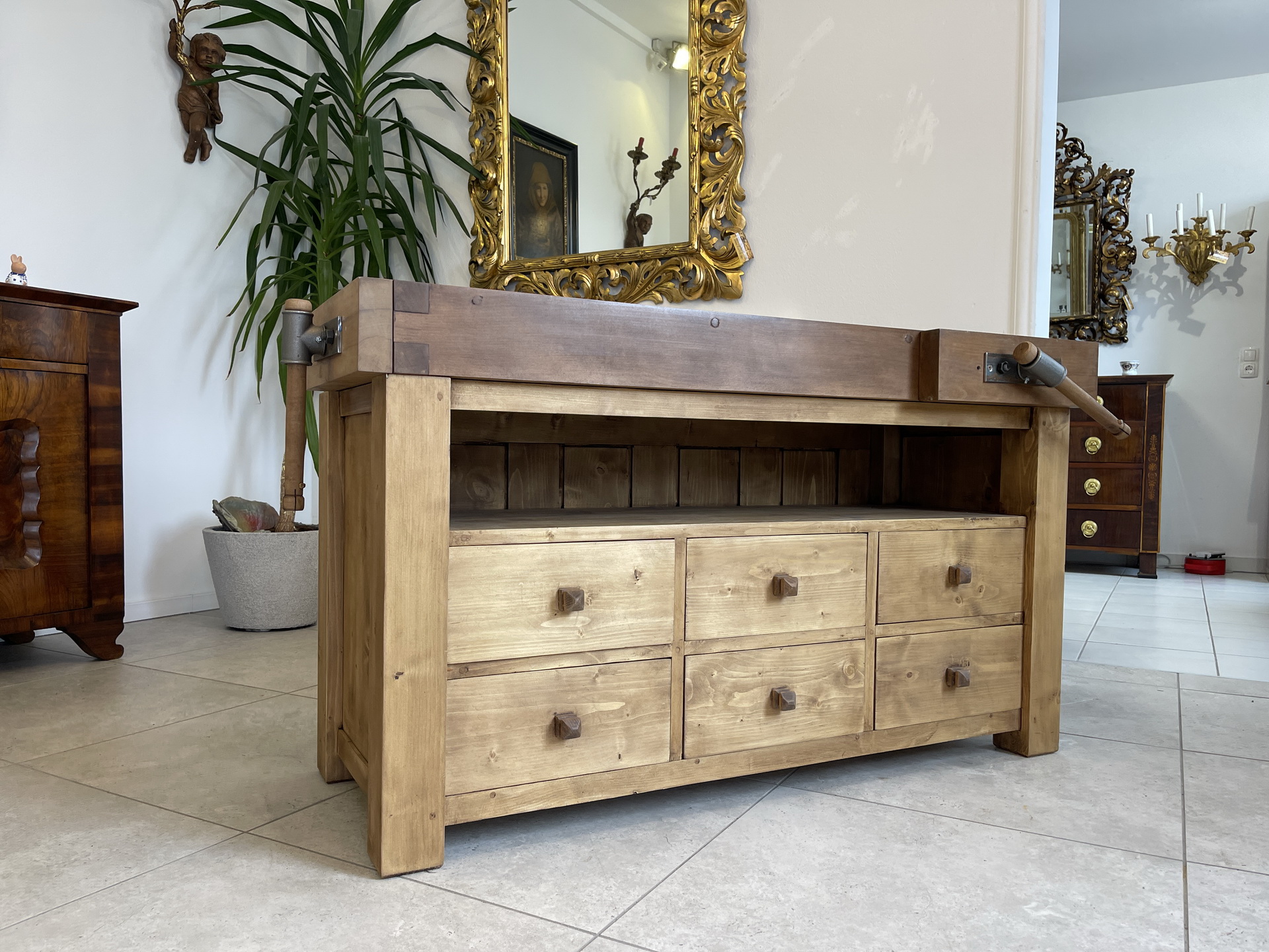 Barock-Biedermeier-07 Schmale Hobelbank,Werkbank Werktisch Anrichte A4183