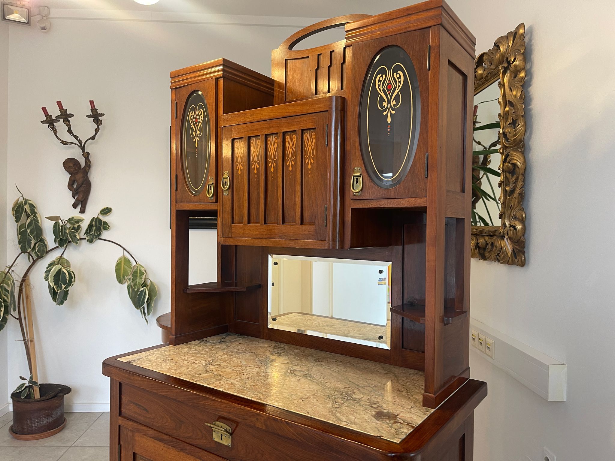 Elegantes Originales Jugendstil Designerbuffet Aufsatzbuffet Glasschrank G1229