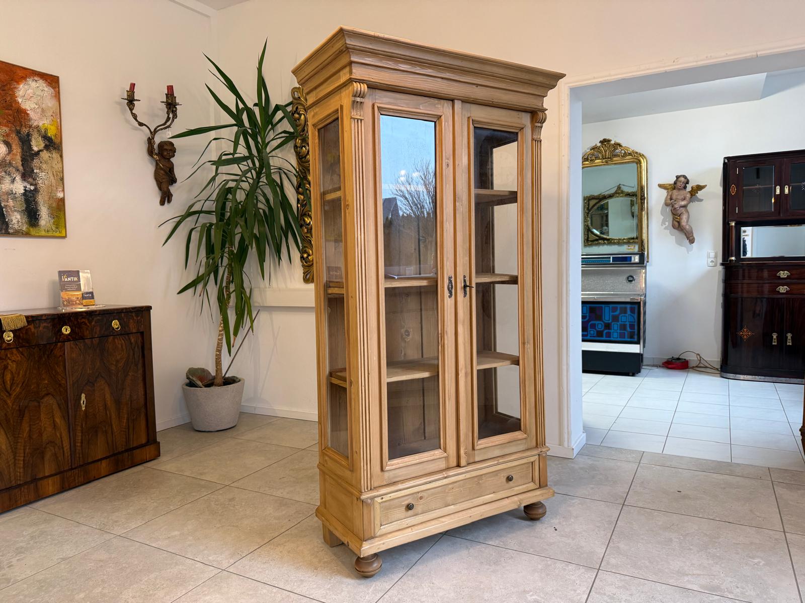 Antike Bauernvitrine Vitrine Naturholz Bücherschrank Alte Bauernmöbel D1125