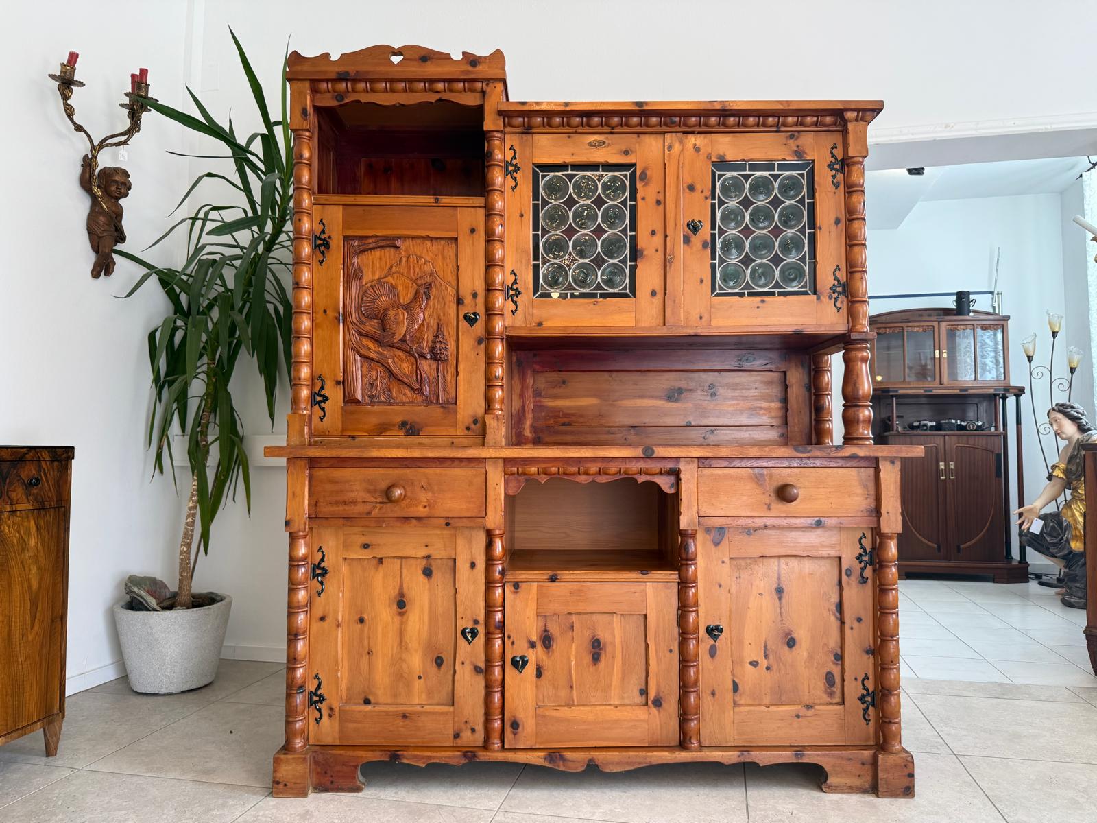 Historismus Kredenz Aufsatzschrank Buffet Tiffany Verglasung G1990