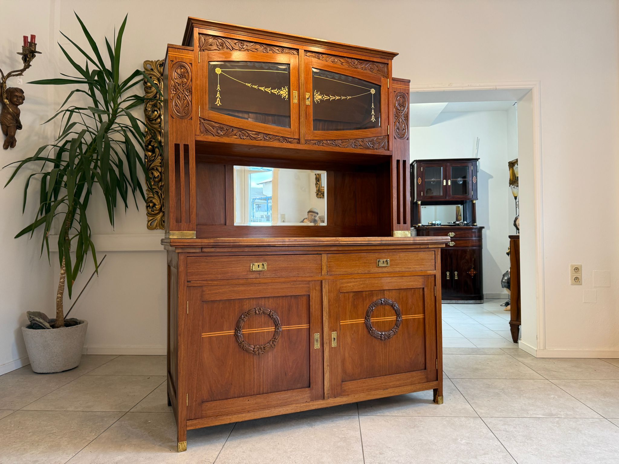 Elegantes Originales Jugendstil Designerbuffet Aufsatzbuffet Glasschrank D1188