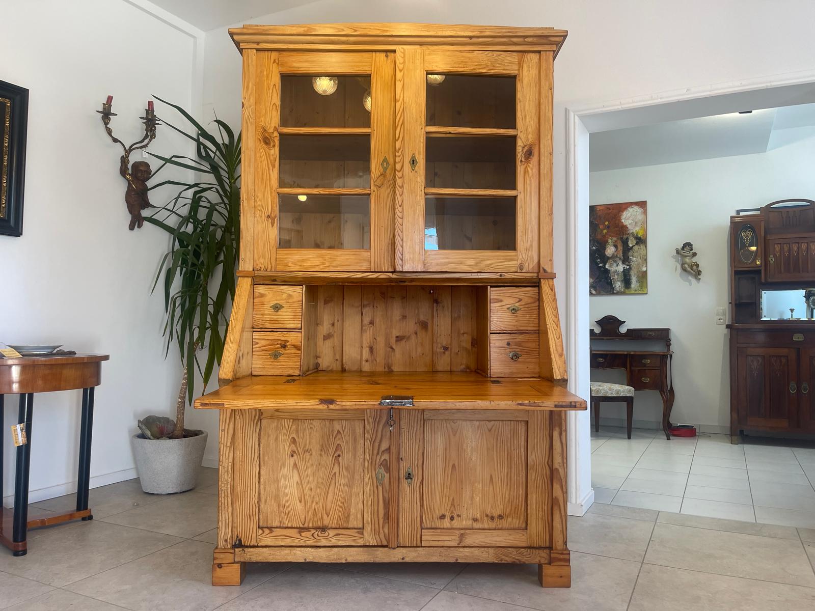 Bäuerlicher Barock Standsekretär Schreibtisch Glasschrank Sekretär Naturholz G1280