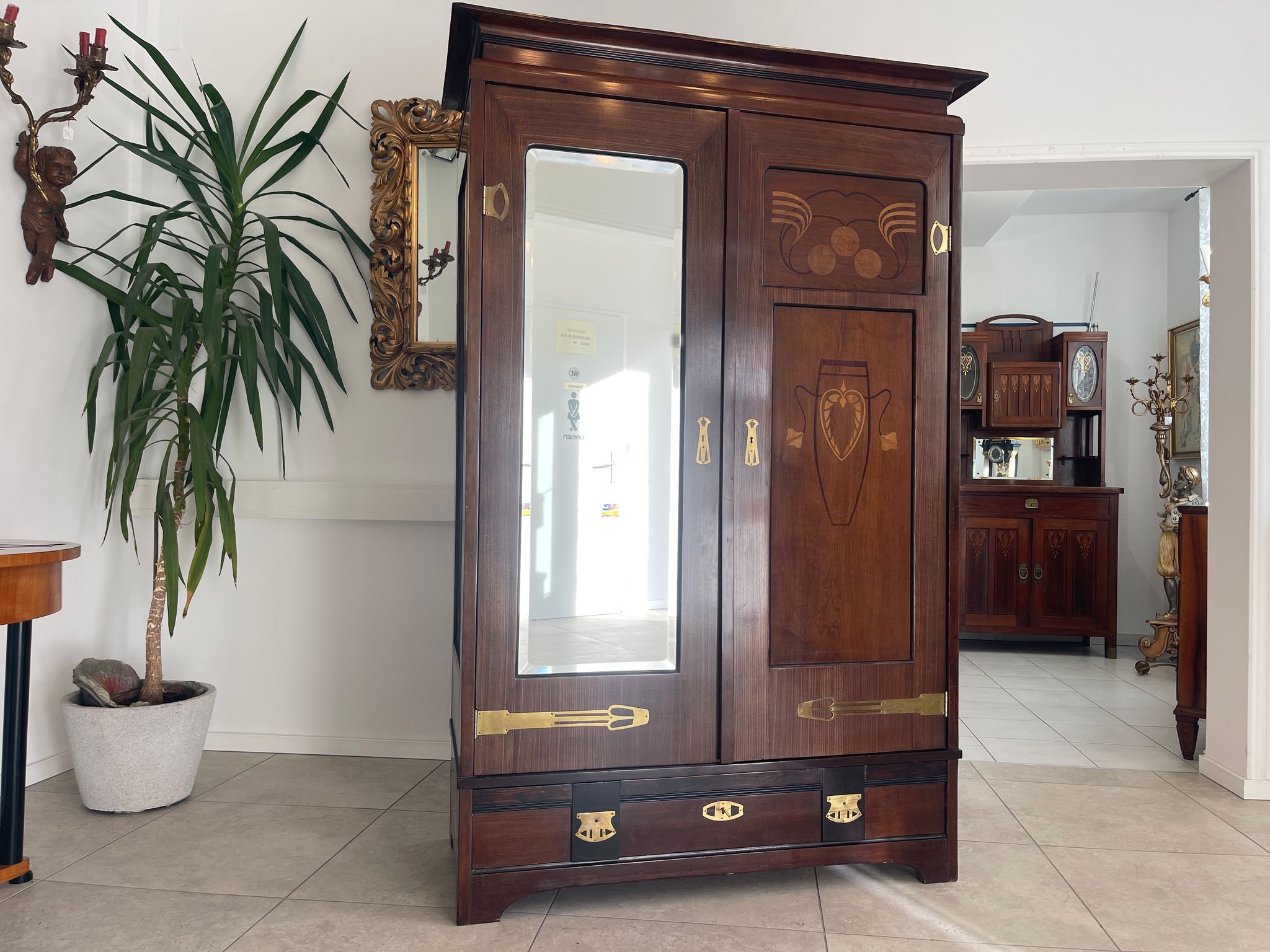 Traum Jugendstil Bücherschrank Spiegelschrank Marketiert Antiquität G1295
