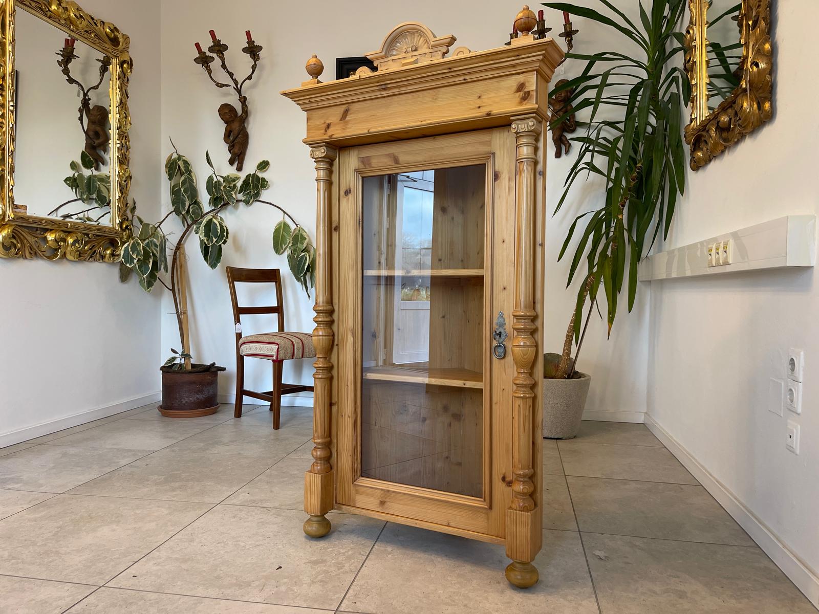 Bäuerlicher Eckschrank Eckvitrine Naturholz G1083