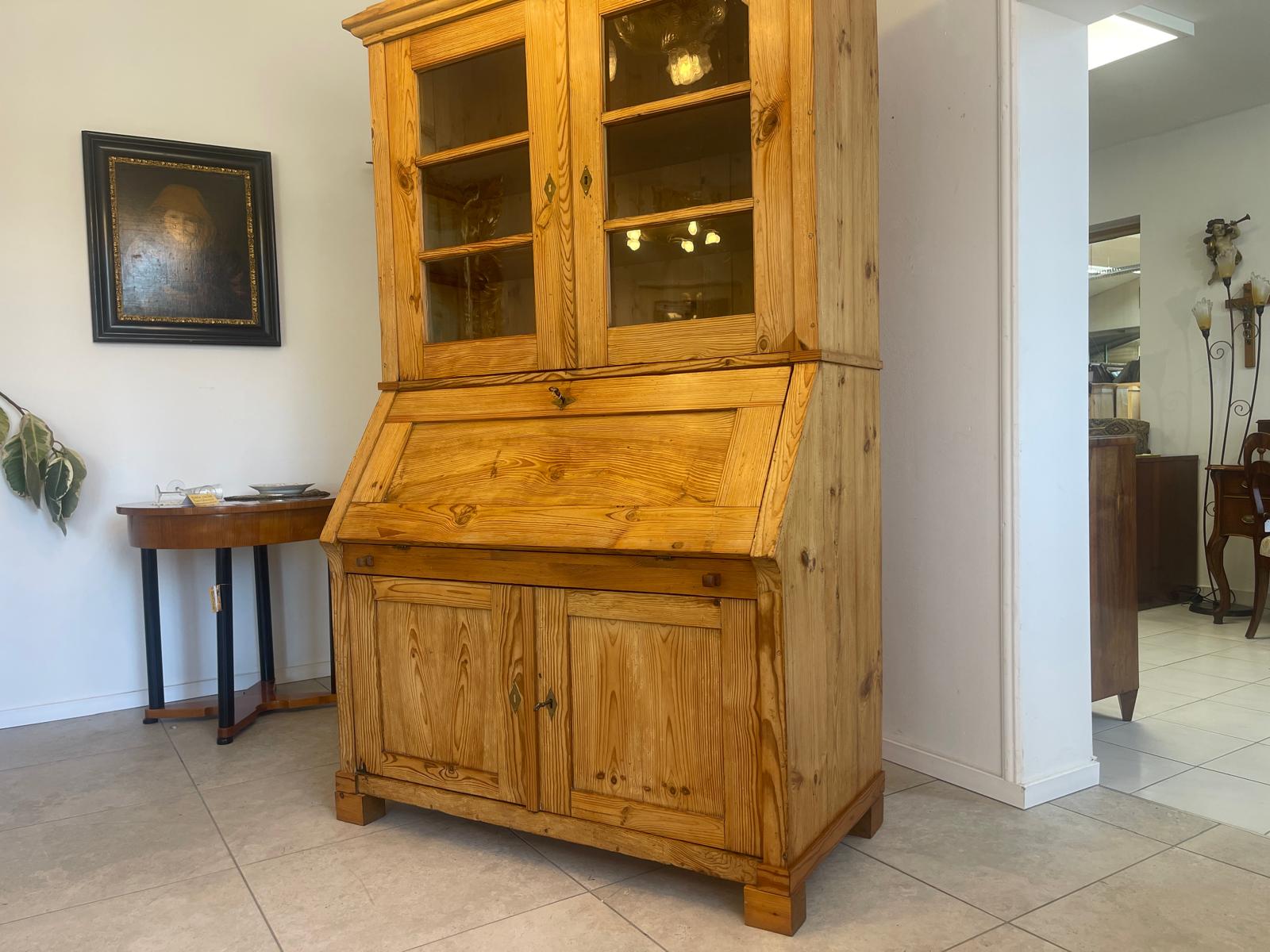 Bäuerlicher Barock Standsekretär Schreibtisch Glasschrank Sekretär Naturholz G1280