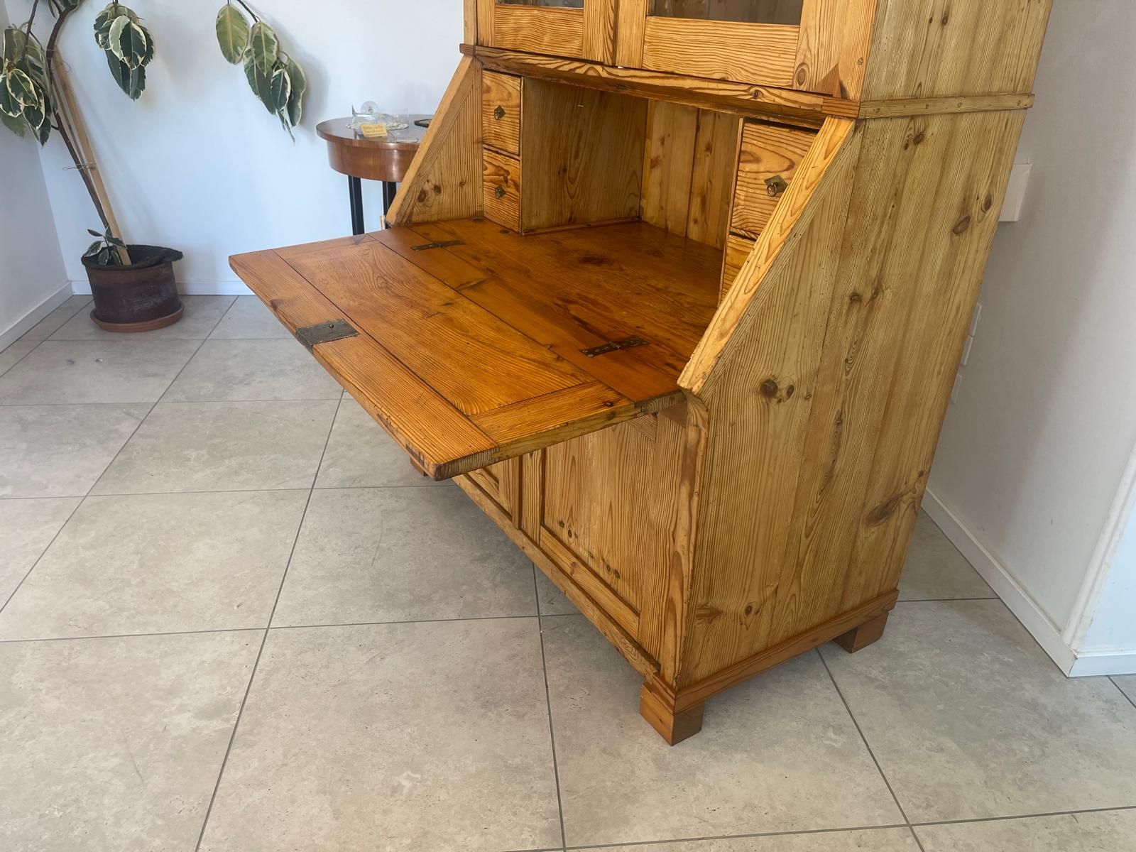 Bäuerlicher Barock Standsekretär Schreibtisch Glasschrank Sekretär Naturholz G1280