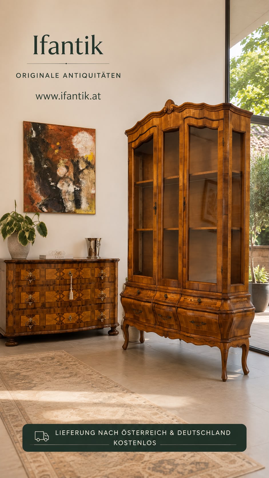 Barockstil Vitrine Intarsiert Nussholz Bücherschrank Stilschrank D2620