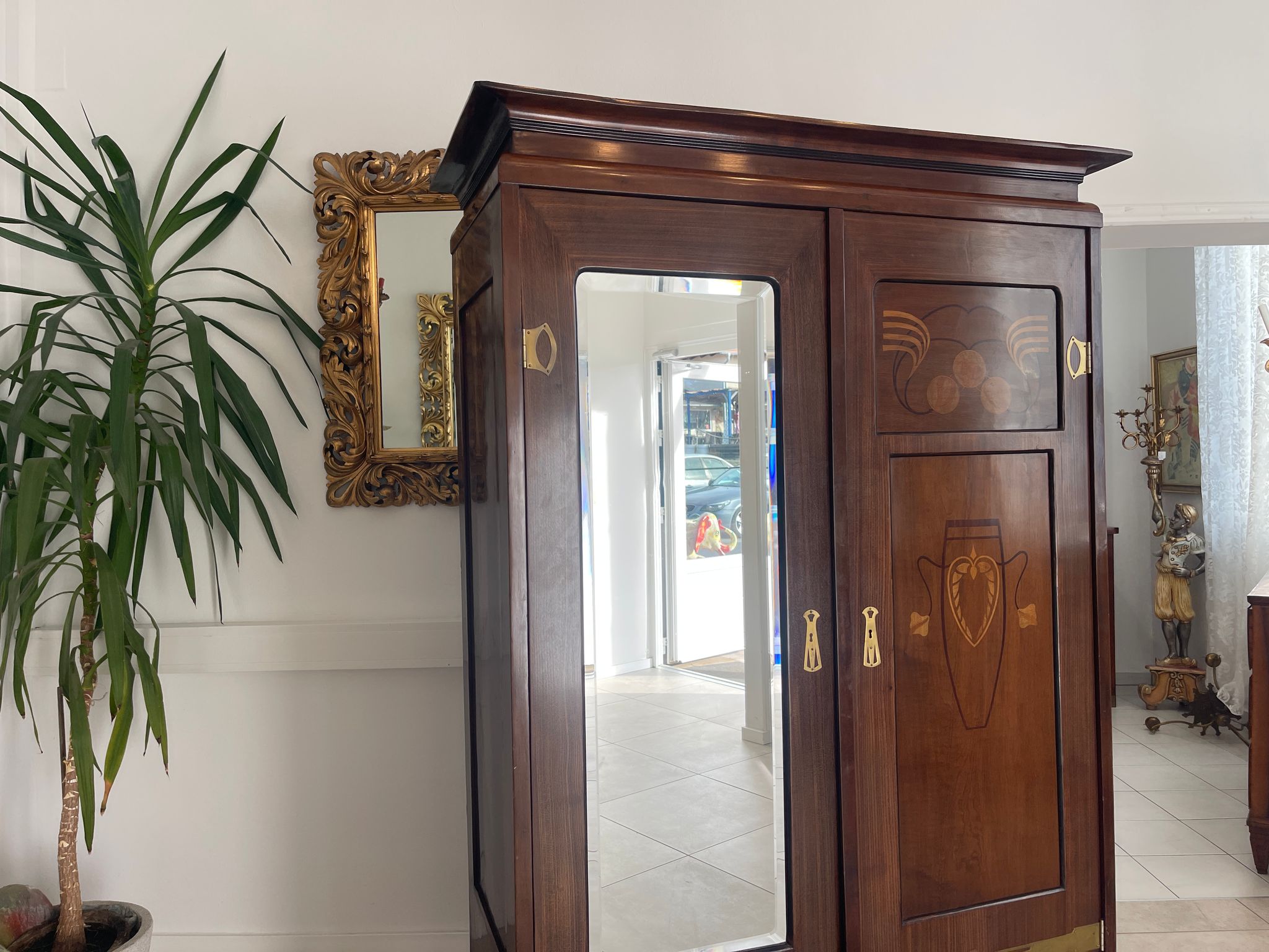 Traum Jugendstil Bücherschrank Spiegelschrank Marketiert Antiquität G1295