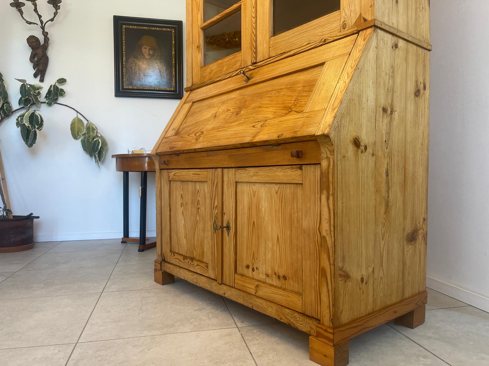 Bäuerlicher Barock Standsekretär Schreibtisch Glasschrank Sekretär Naturholz G1280