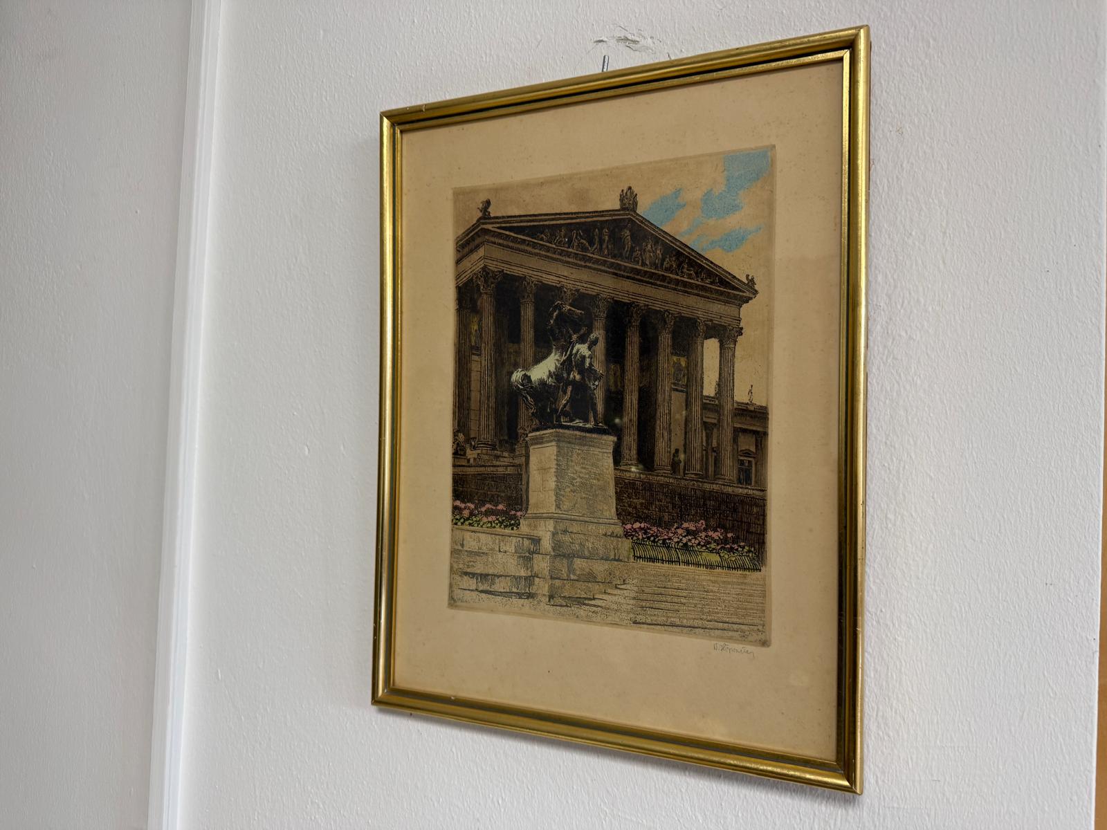 Architektonische Farblithografie mit klassizistischem Motiv Tempelbau D1121