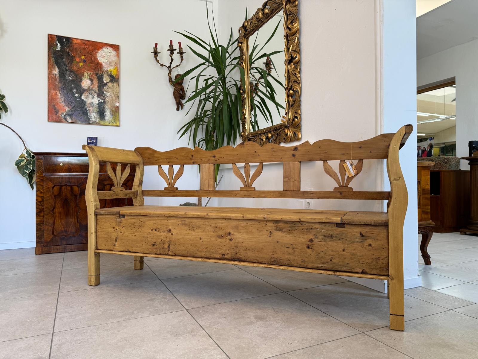 Provinzielle Biedermeier Truhenbank Landhausbank Antik D2413