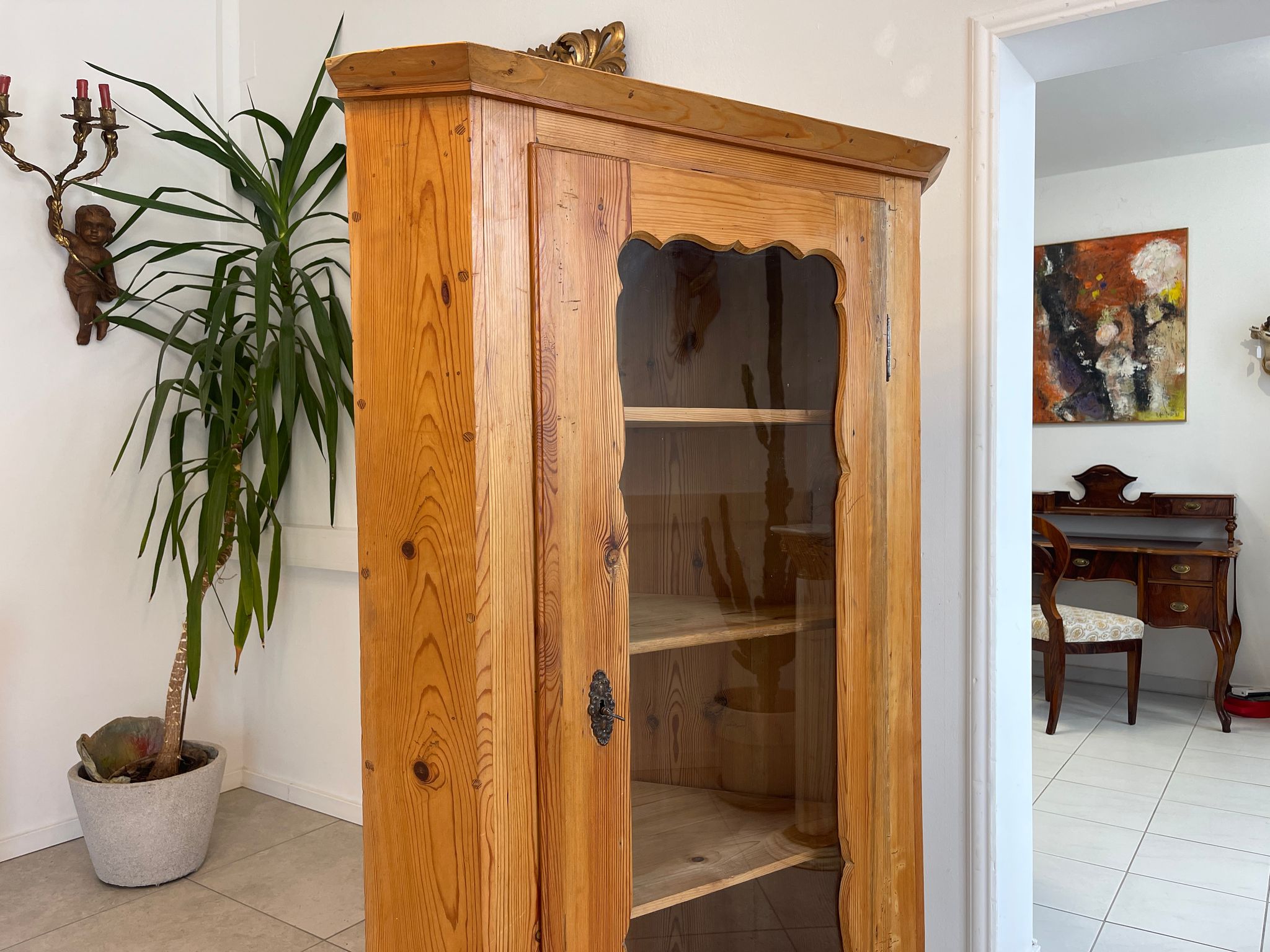 Bäuerlicher Eckschrank Eckvitrine Naturholz G1296-1