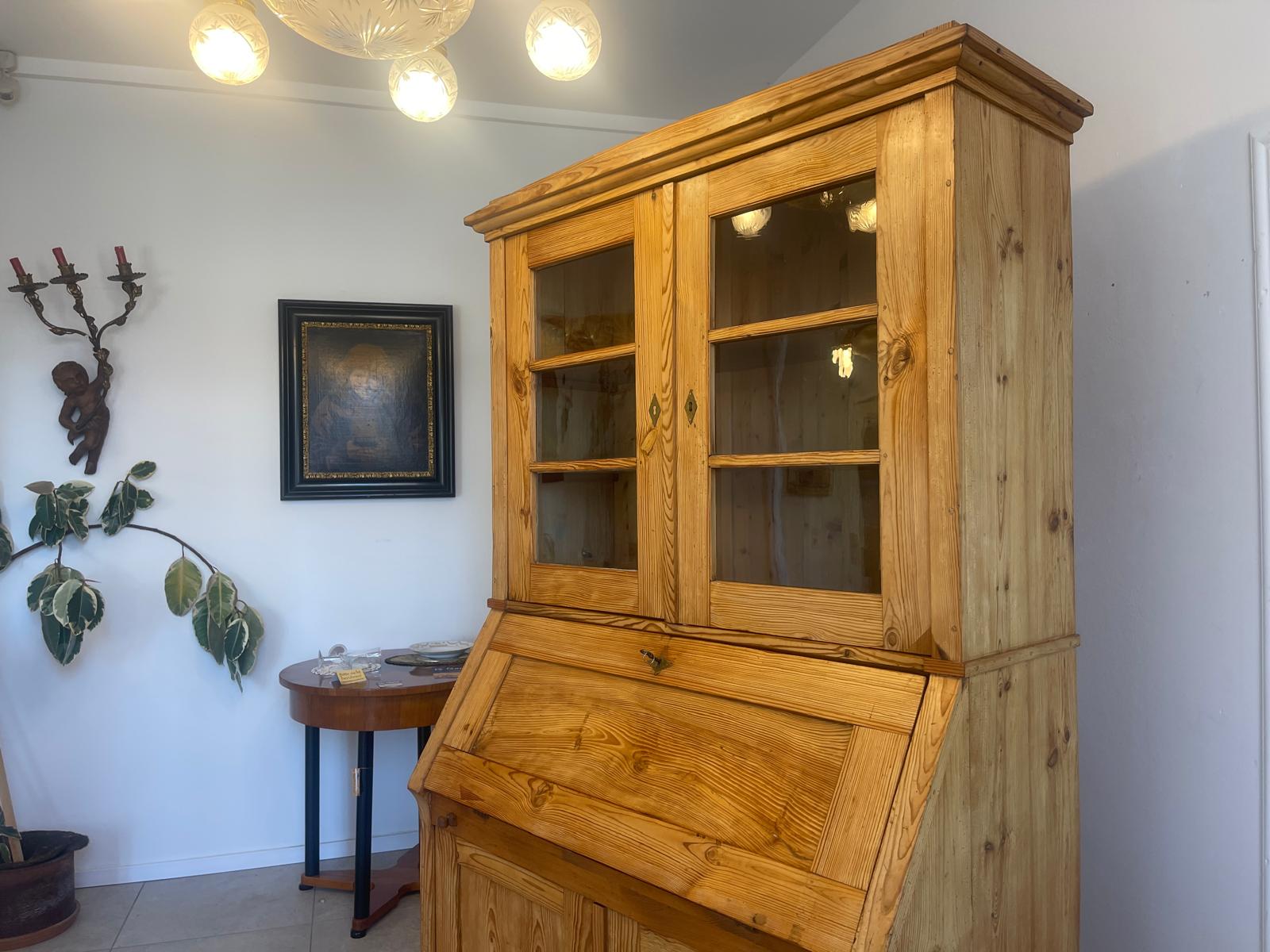 Bäuerlicher Barock Standsekretär Schreibtisch Glasschrank Sekretär Naturholz G1280