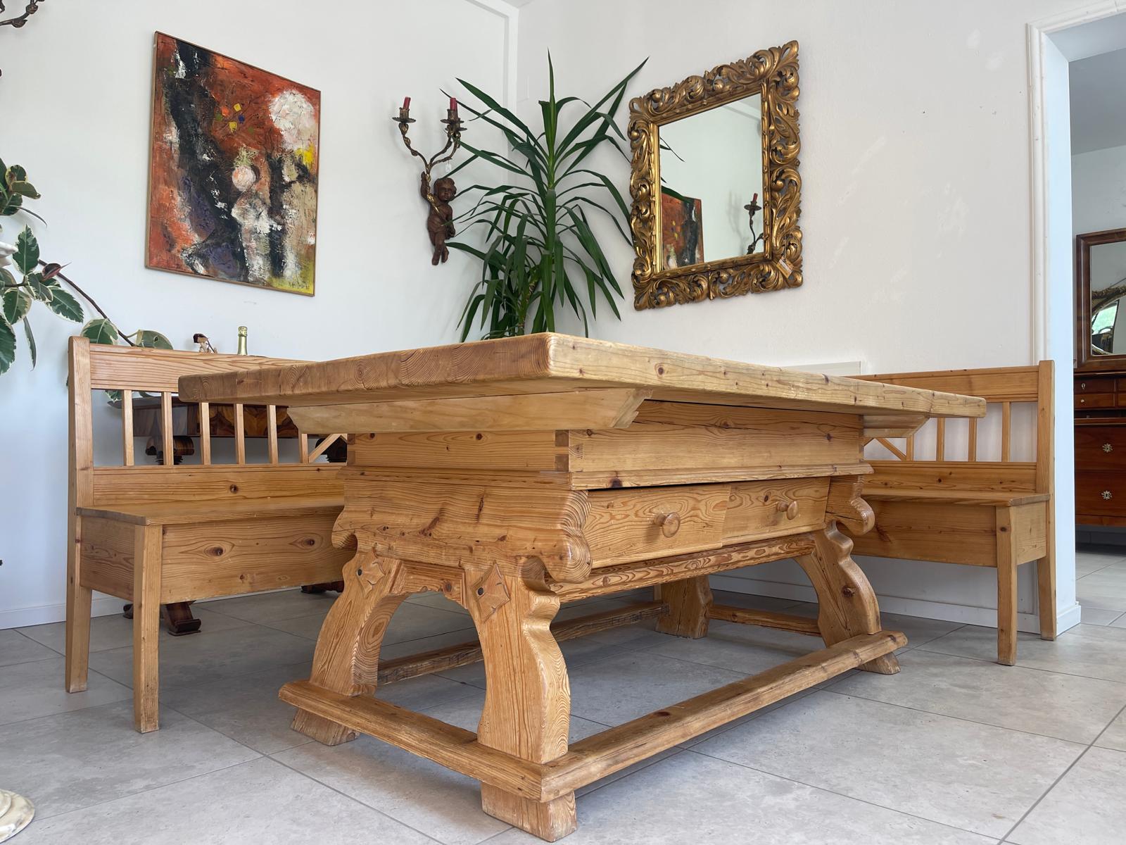 Bäuerliche Bauernsitzgruppe Ensemble Jogltisch Bauernstube Sessel Naturholz Antik G1701-1 