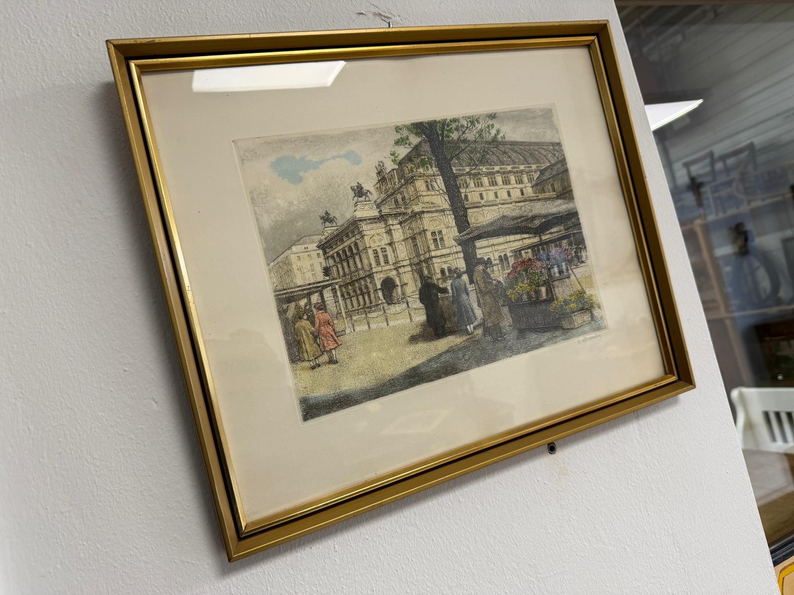 Stimmungsvolle Farblithografie mit Wiener Stadtmotiv Wiener Staatsoper D1122