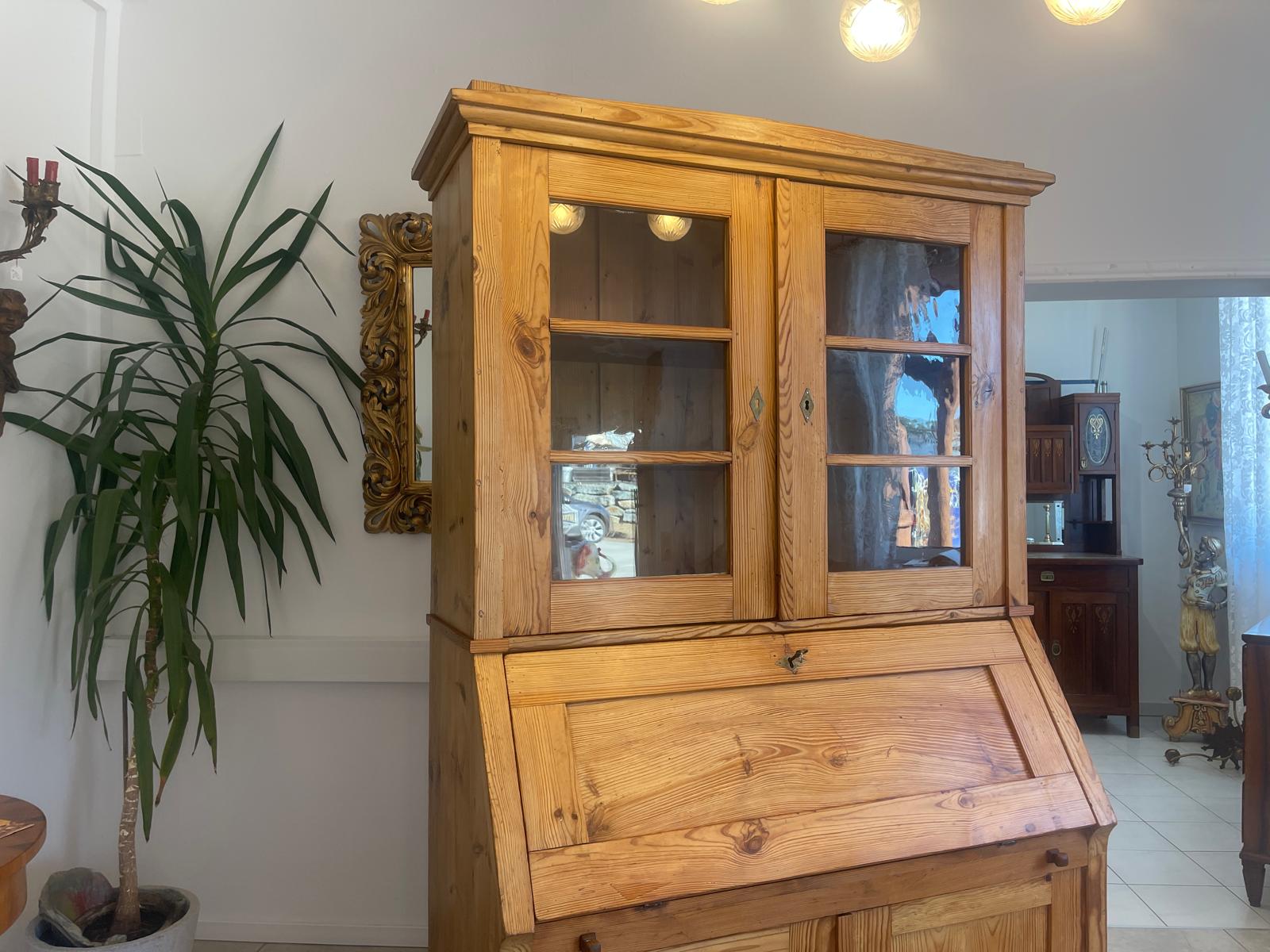 Bäuerlicher Barock Standsekretär Schreibtisch Glasschrank Sekretär Naturholz G1280