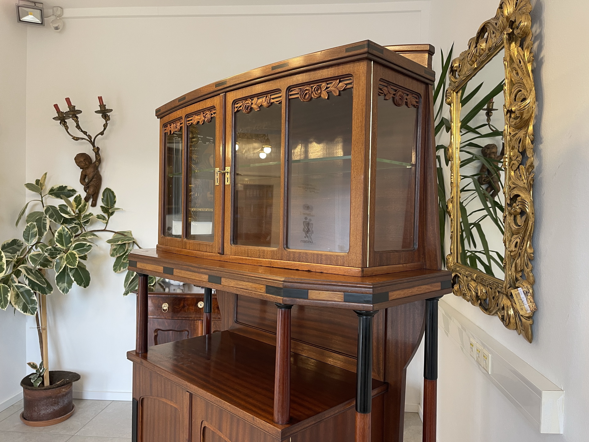 Jugendstil-58 Jugendstil Vitrine / Bücherschrank Antik aus Eichenholz - B2068