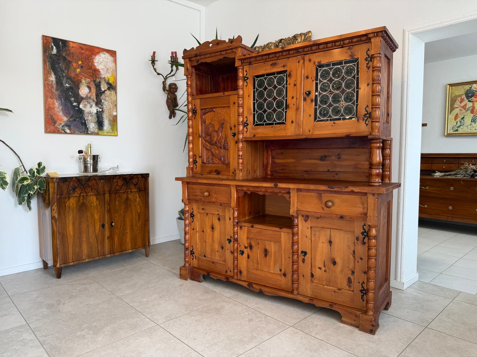 Historismus Kredenz Aufsatzschrank Buffet Tiffany Verglasung G1990