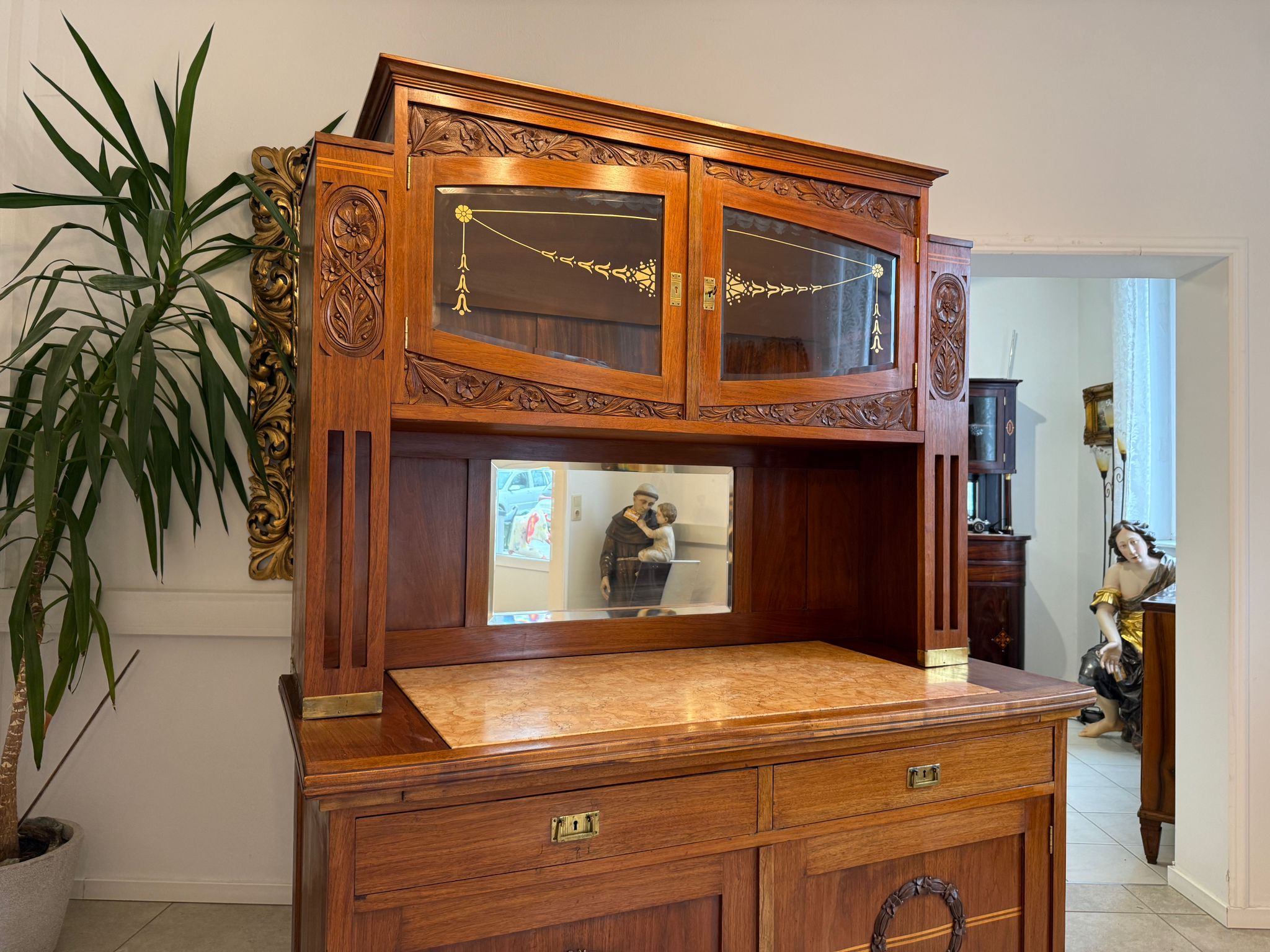 Elegantes Originales Jugendstil Designerbuffet Aufsatzbuffet Glasschrank D1188