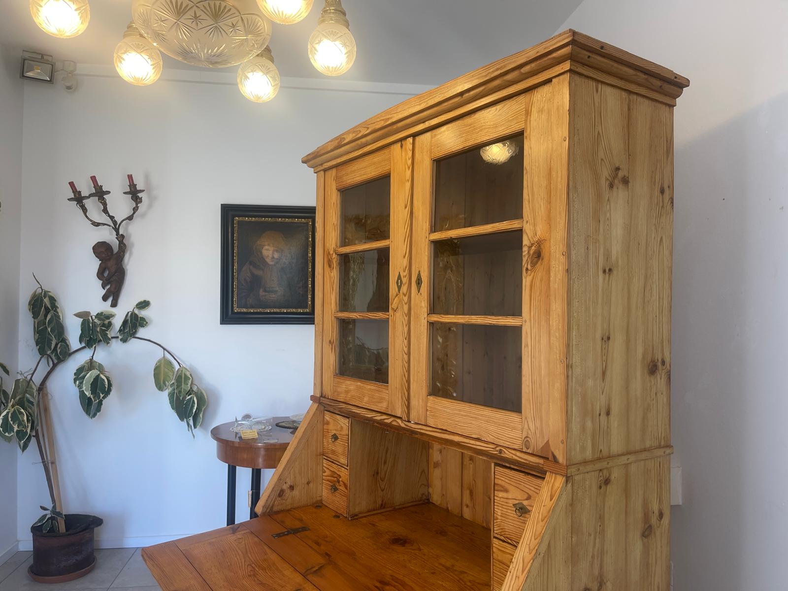Bäuerlicher Barock Standsekretär Schreibtisch Glasschrank Sekretär Naturholz G1280