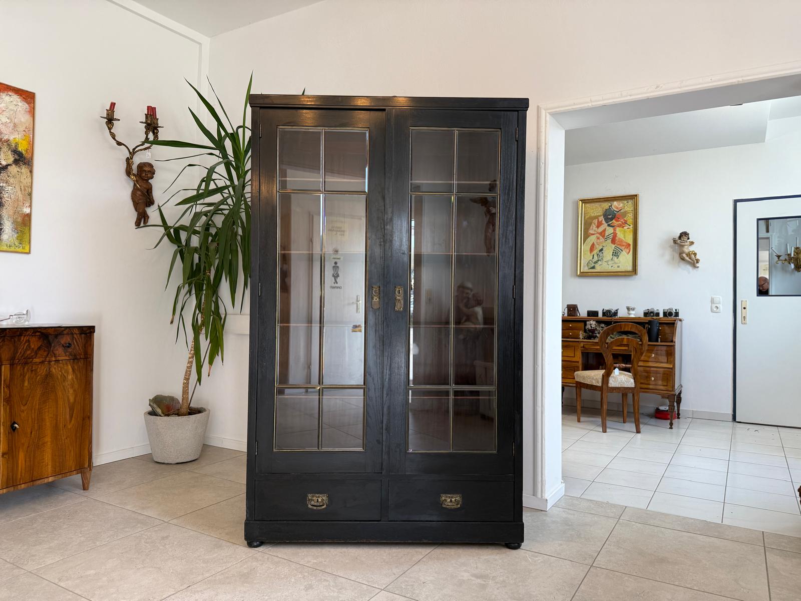 Original Jugendstil Vitrine Bücherschrank Vitrinenschrank Schwarz Antik G2059