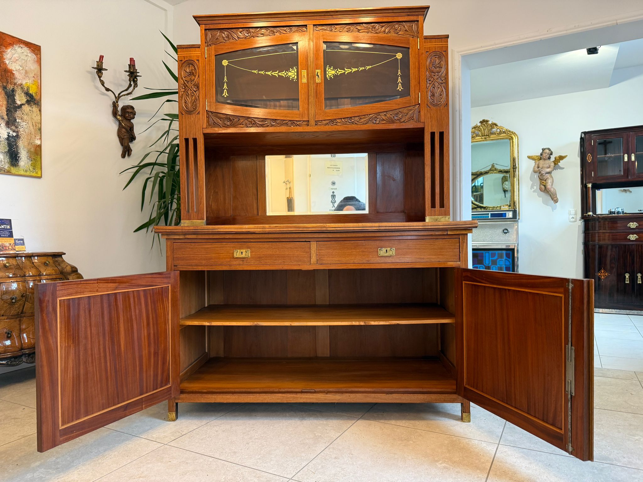 Elegantes Originales Jugendstil Designerbuffet Aufsatzbuffet Glasschrank D1188