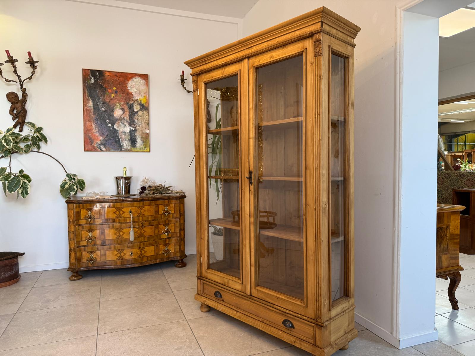 Antike Bauernvitrine Vitrine Naturholz Bücherschrank Alte Bauernmöbel D2707