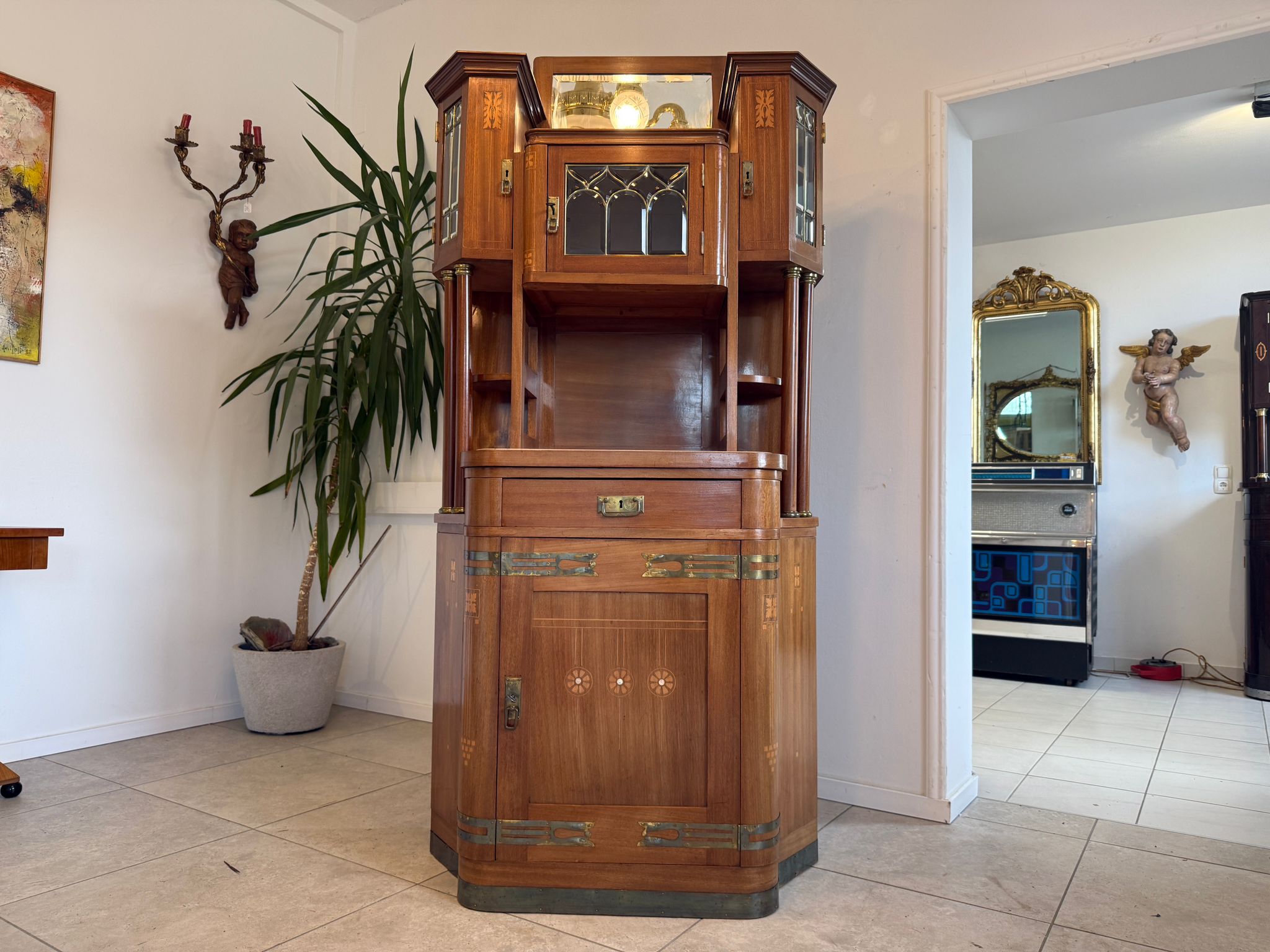 SALE Originale Jugendstil Säulenschrank Bücherschrank Vitrine Antiquität  D2281
