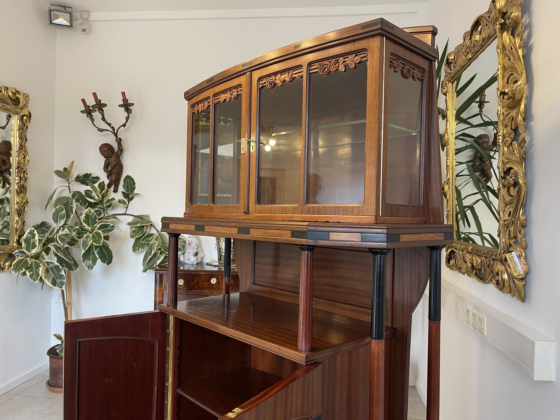 Jugendstil-66 Jugendstil Vitrine / Bücherschrank Antik aus Eichenholz - B2068