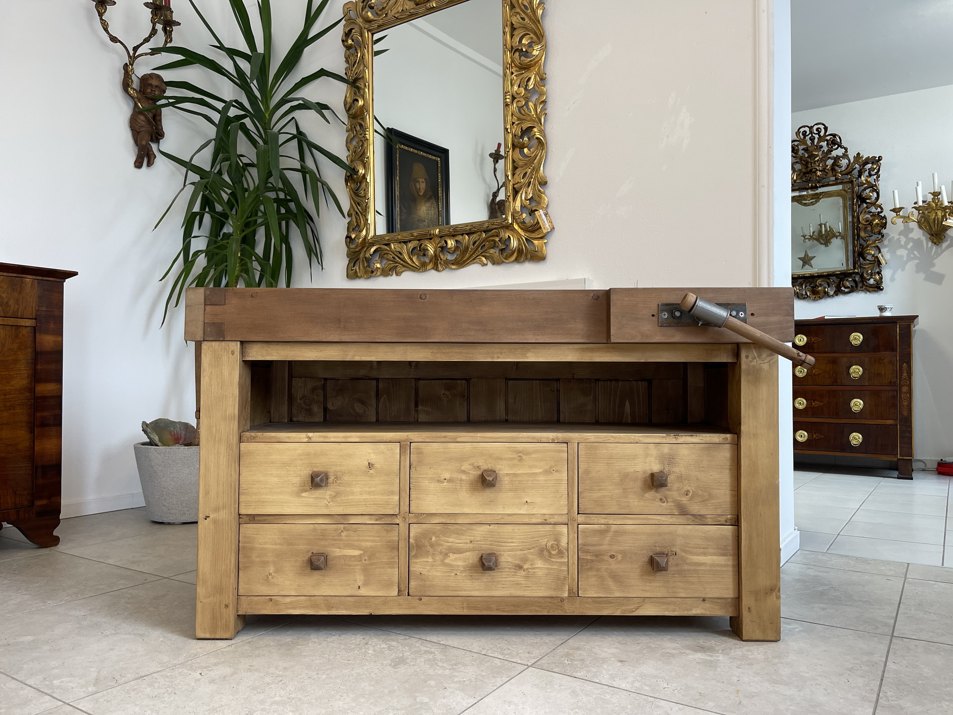 Barock-Biedermeier-01 Schmale Hobelbank,Werkbank Werktisch Anrichte A4183